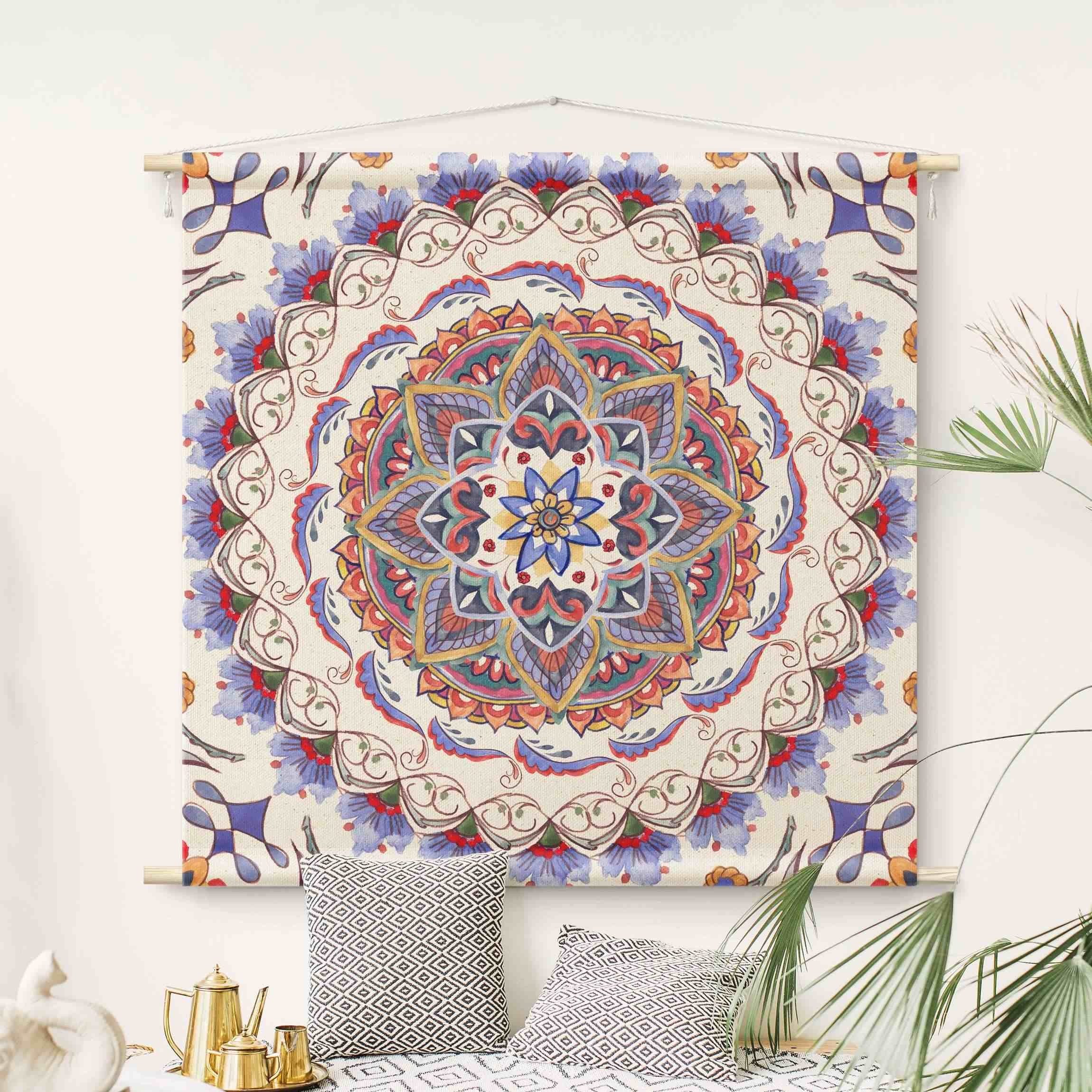 Bilderdepot24 Wandteppich modern Mandala Aquarell Muster Spirituell bunt, quadratisch, Höhe: 2.6 mm, großes Wandbild aus Natur-Baumwolle Wandbehang Stoffbild Tuch Wollseil