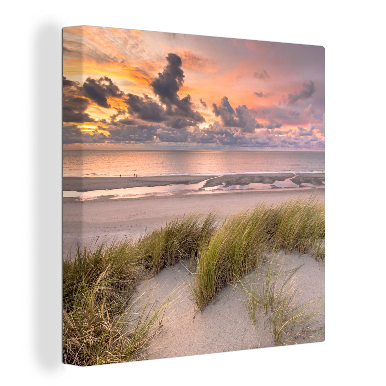 OneMillionCanvasses® Leinwandbild Sonnenuntergang - Düne - Strand - Pflanzen - Meer, (1 St), Leinwand Bilder für Wohnzimmer Schlafzimmer