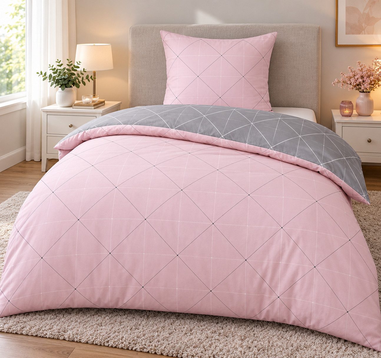 soma Bettwäsche Biber Bettwäsche 135x200 cm Rosa Grau 2-teilig 100% Baumwolle Wendbar, Biber, 2 teilig, Biber aus 100% Baumwolle, wendbar, warm, weich und mit R – Bild 2 von 5