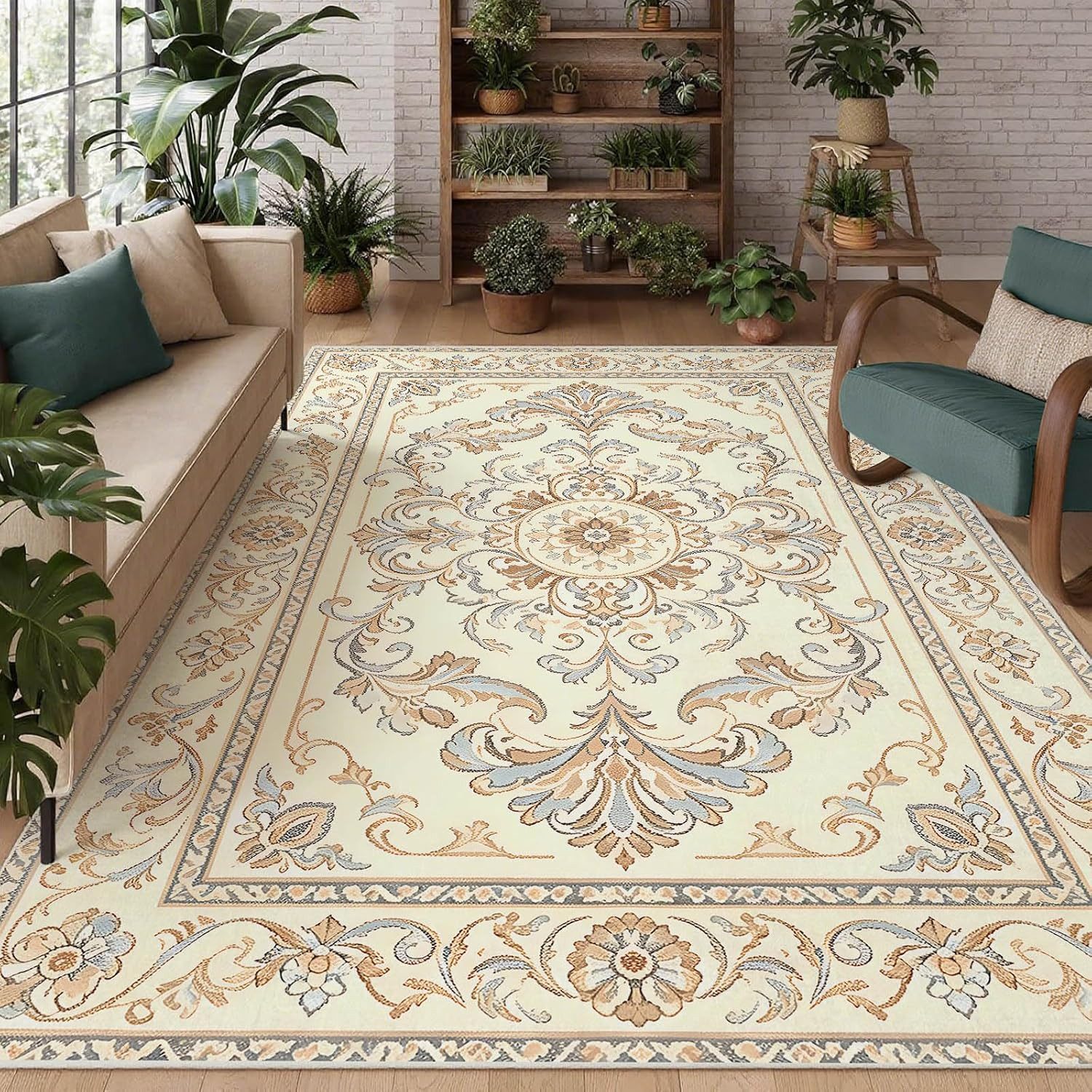 Jumpeak Teppich Klassischer Ornament Teppich Oriental Barock Muster Creme Beig, Rechteckig, Höhe: 5 mm, Kunstkaschmir, pflegeleicht, kurze Fasern, angenehm zu tragen