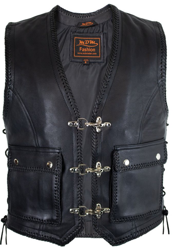 MDM Motorradweste Herren Biker Lederweste Motorrad Kutte Echtleder Schwarz Clubweste (Lederweste Herren, Motorrad Kutte, Bikerweste) Motorrad Kutte, Echtleder, seitlich geschnürt, Patch geeignet