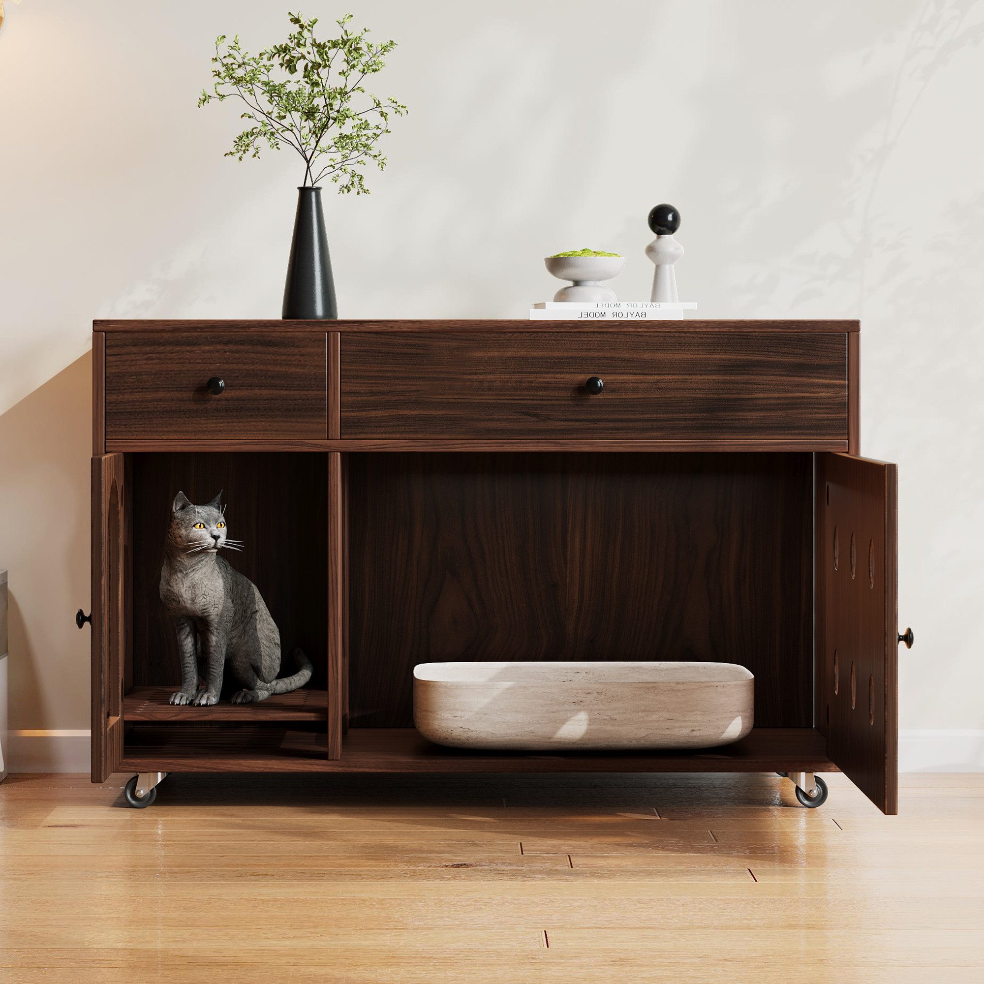 STILVORA Sideboard mit 2 Schubladen,Katzenkloschrank Katzenhaus mit Rollen, günstig online kaufen