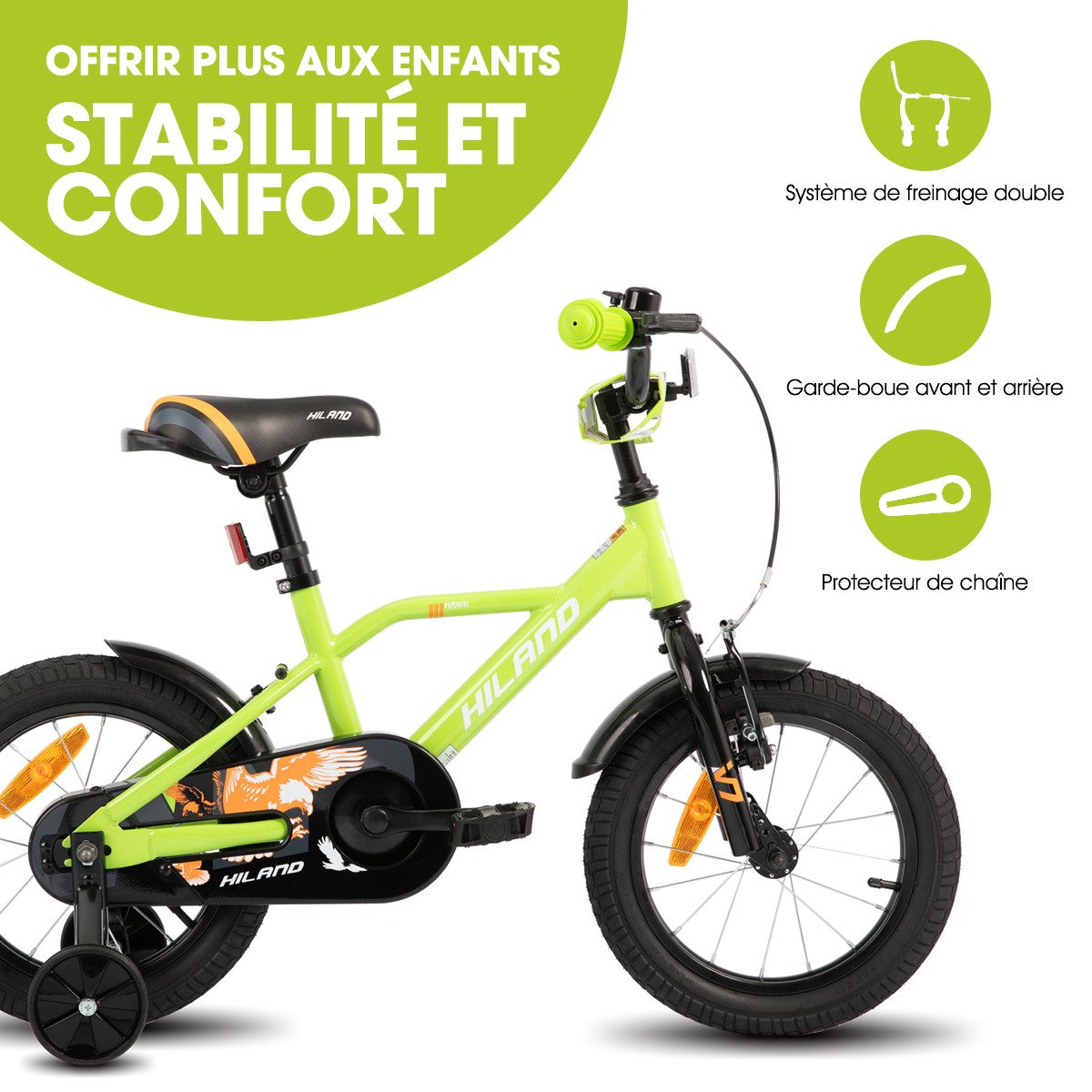 HILAND Kinderfahrrad Hawk 12 14 16 20 Zoll Kinderfahrrad für Jungen 3-10 Jahre, mit Stützrädern, V Bremseund Rücktrittbremse, Hilfsrad, Kotflügel