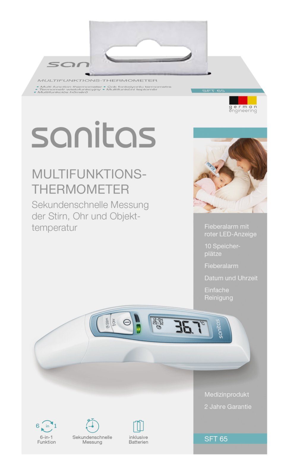 Sanitas Fieberthermometer 6-in-1 Multifunktions SFT65 Objektmessung Fiberalarm, Thermometer Ohr Stirn digital mit