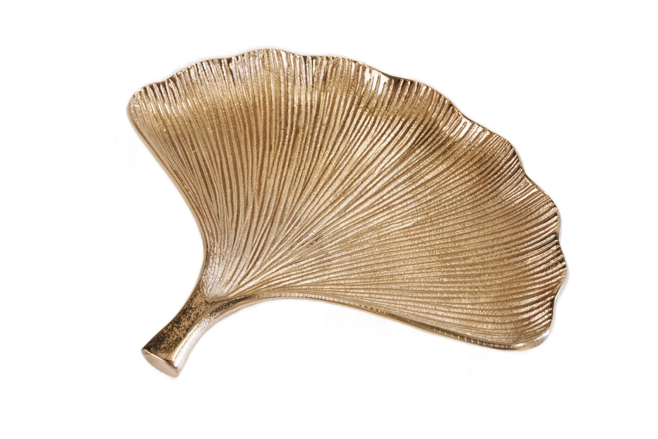 Licht-Erlebnisse Dekoschale CELIA, Metall in Gold 42 cm lang Ginko Blatt Handarbeit Asiatisch Schale