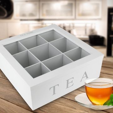 Koopman Teebox Teebeutelbox 9 Fächer Weiß Teekiste Teedose Teekasten Tee-Box Holz Box, Tee Aufbewahrung Teebeutel Kiste Aufbewahrungsbox Teebeutelkiste