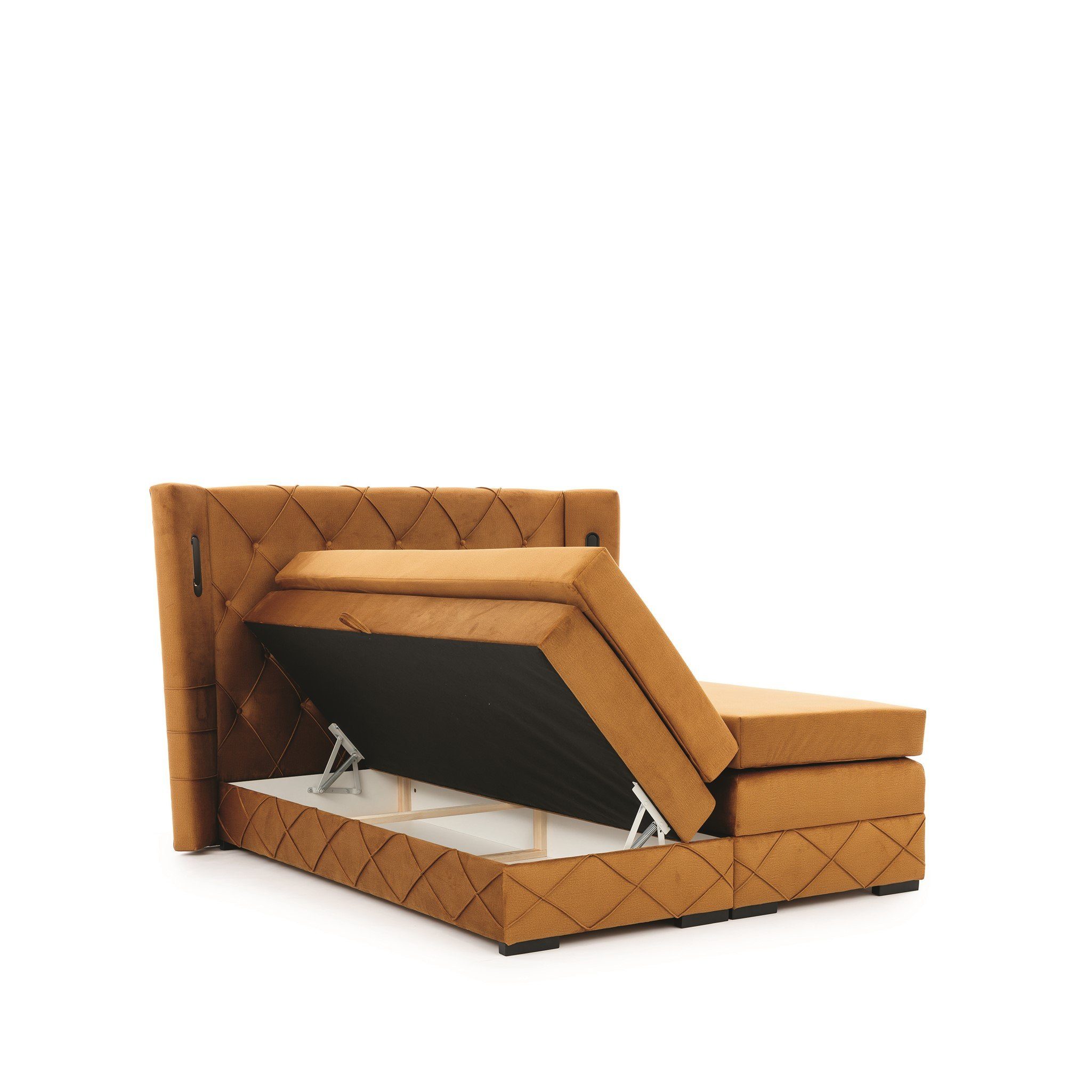 Fun Möbel Boxbett Schlafzimmerbett ELVIANO in Stoff Monolith (inkl. 2 x Bettkasten und Topper, Ambiente-Beleuchtung mit Touch Funktion), Gepolstertes Kopfteil mit Steppung