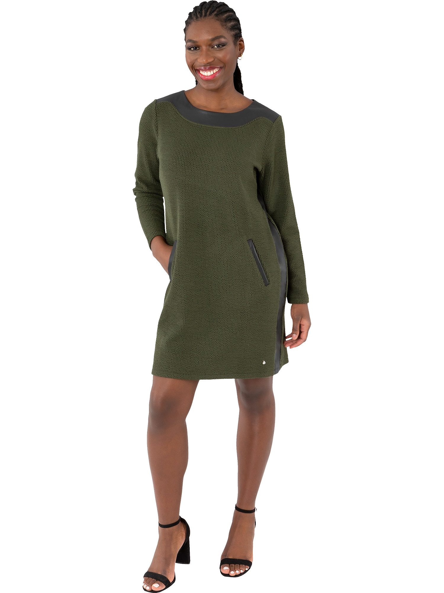 Gio Milano Midikleid G31-5601, Jacquard "Bubble gum" mit Lederimitatblende Galonstreifen aus Lederimitat