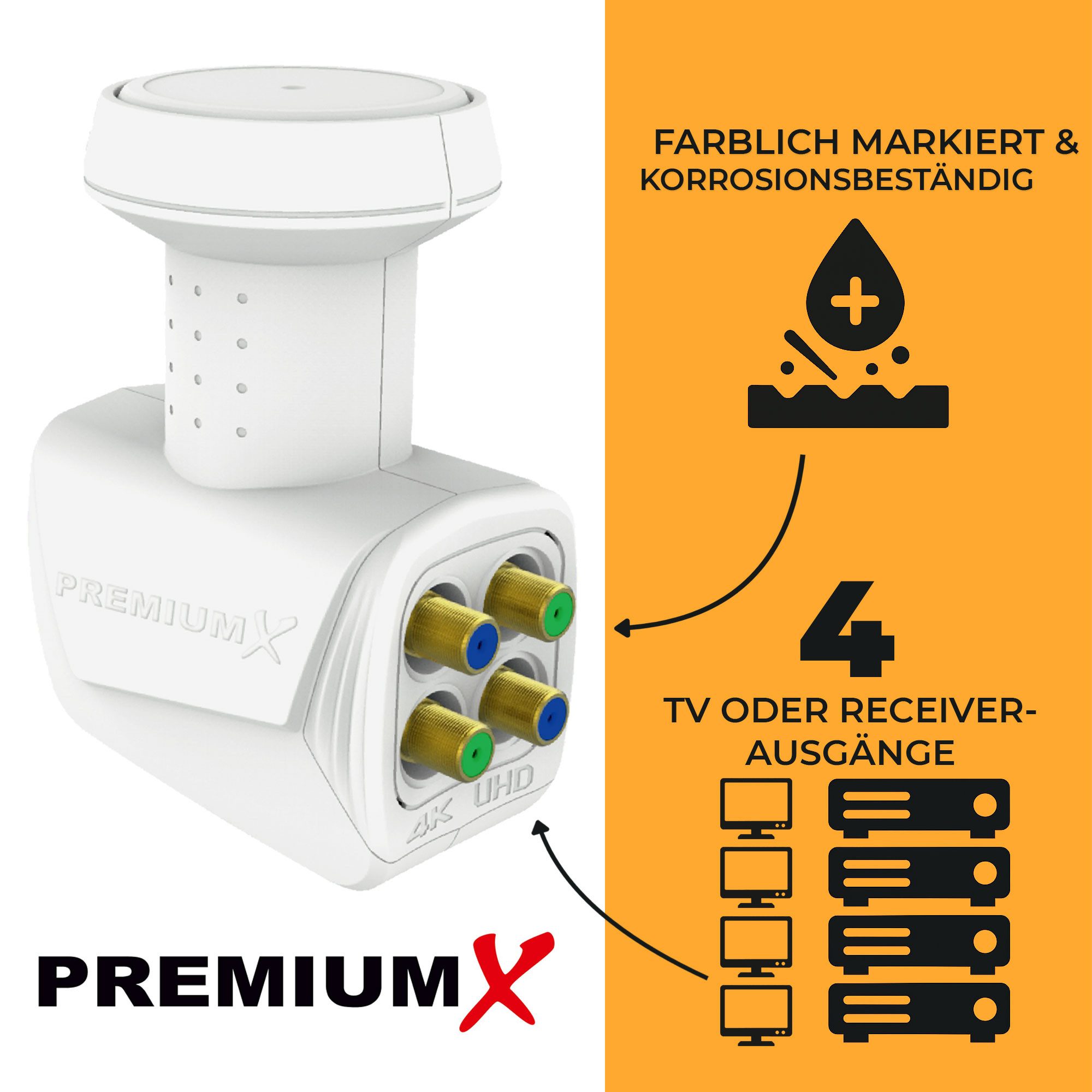 PremiumX Quad LNB PXQS-SEW SAT für 4 Teilnehmer DVB-S2 HDTV UHD 4K Weiß Monoblock-LNB