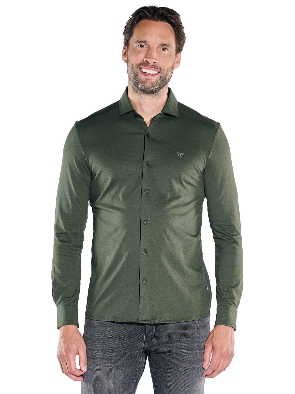 Langarm-Poloshirt Herren Langarm-Hemd aus Baumwolle, Dunkelgruen