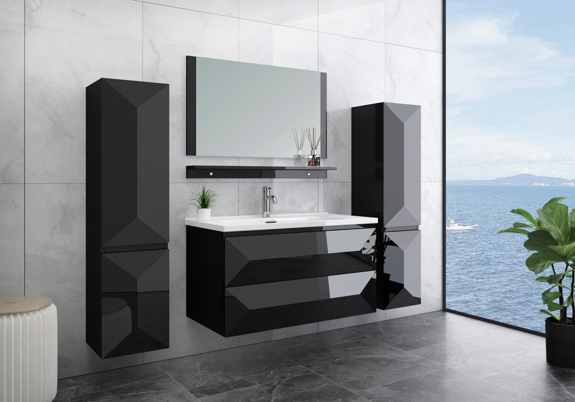 Badmöbel-Set Faizee Möbel, Badmöbelset Miran 90 cm Schwarz Hochglanz