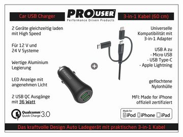 PROUSER PROUSER Dual KFZ USB-Lader-Set 20173, 36 W, 3in1 USB-Ladegerät