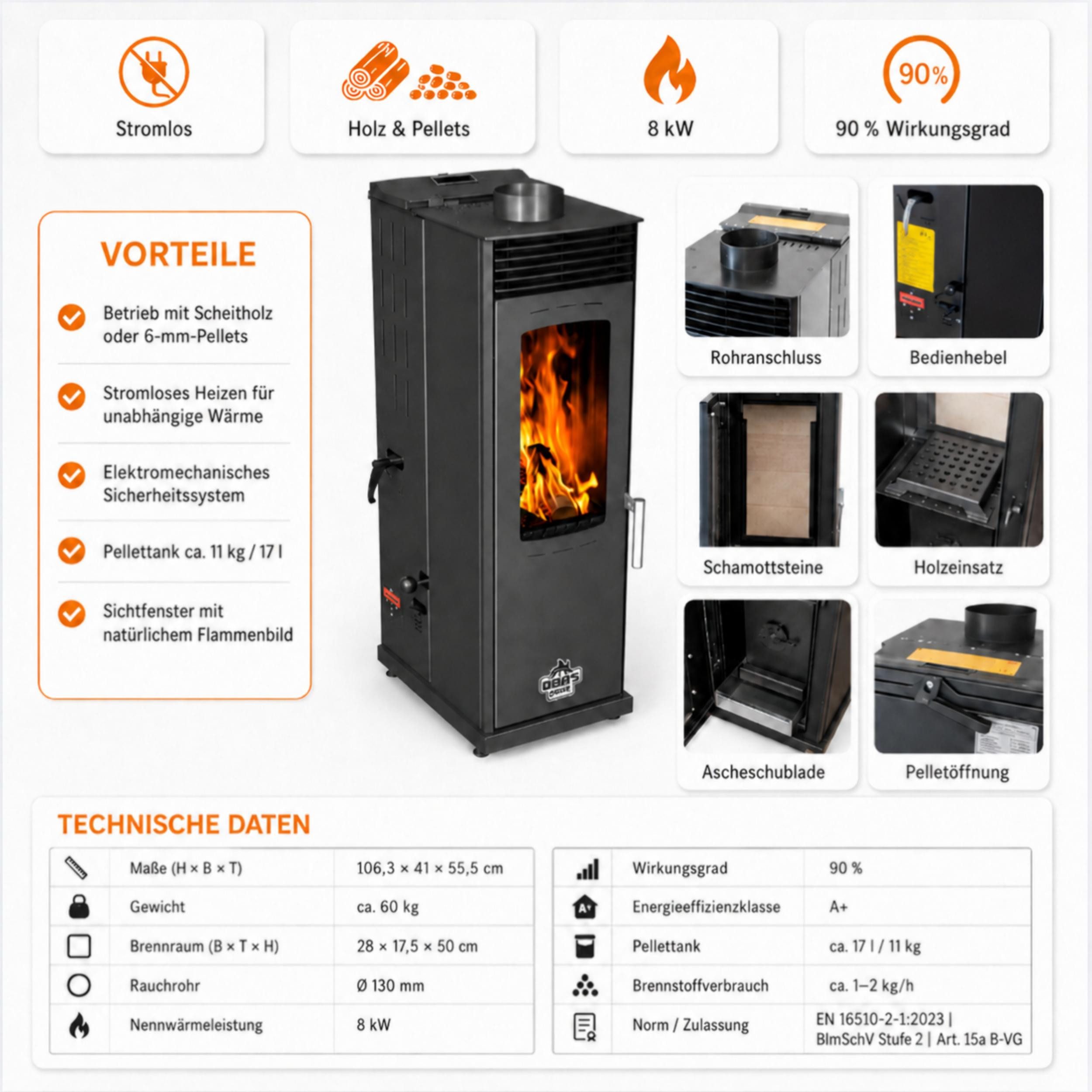 Baba's Kaminofen Eco Mini Hybridofen Pellets und Holz Kombiofen Pelletofen ohne Strom, 8 kW