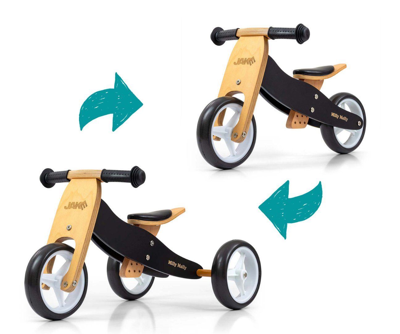 LeNoSa Laufrad 2in1 Holz Dreirad Rutscher • Lauflernrad für Kinder • Balance Bike schwarz