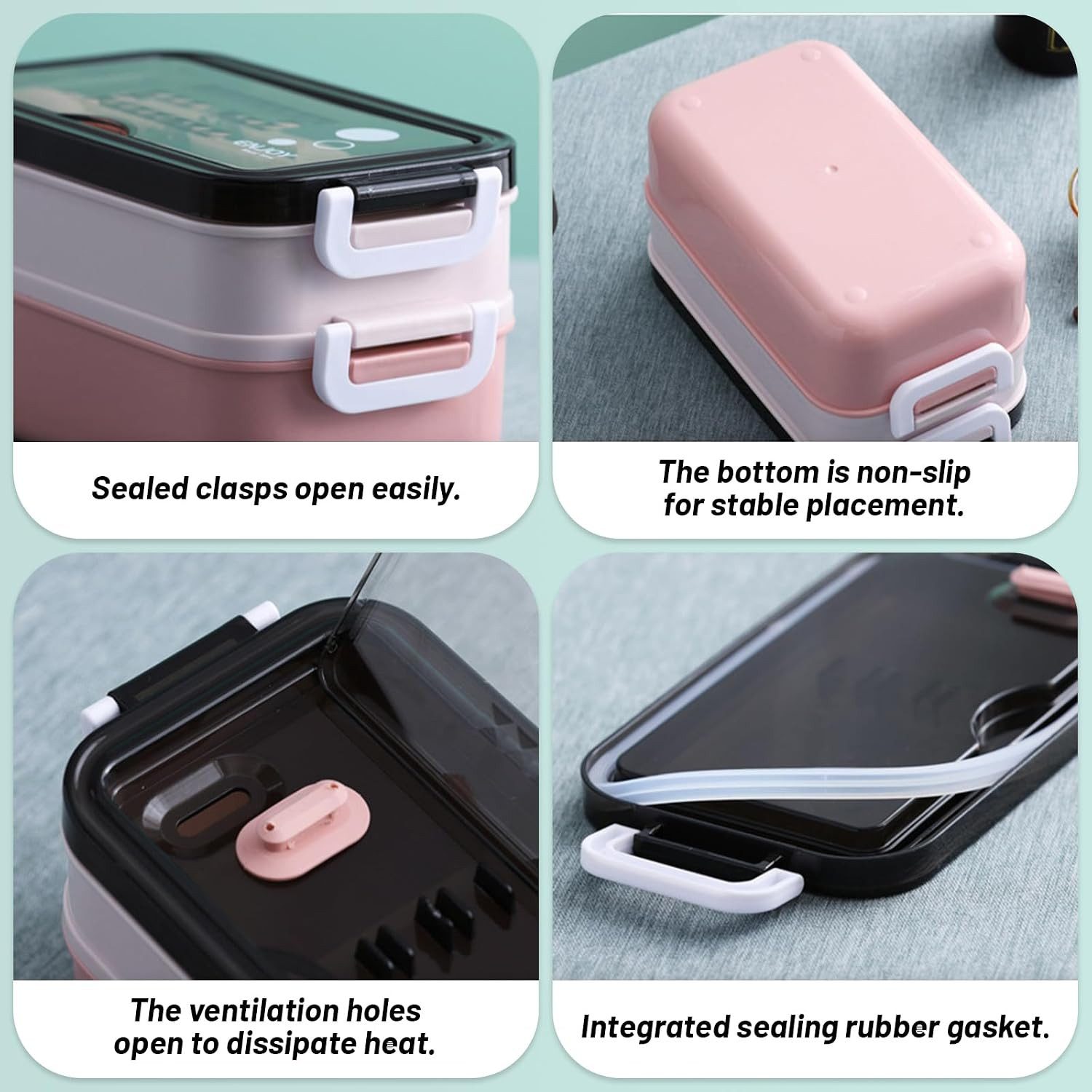 Diwzbyn Lunchbox Lunchbox 1400ml, 2-stufig, Mit Fächern & Besteck, Mit Gabel, Löffel & Essstäbchen, mikrowellengeeignet