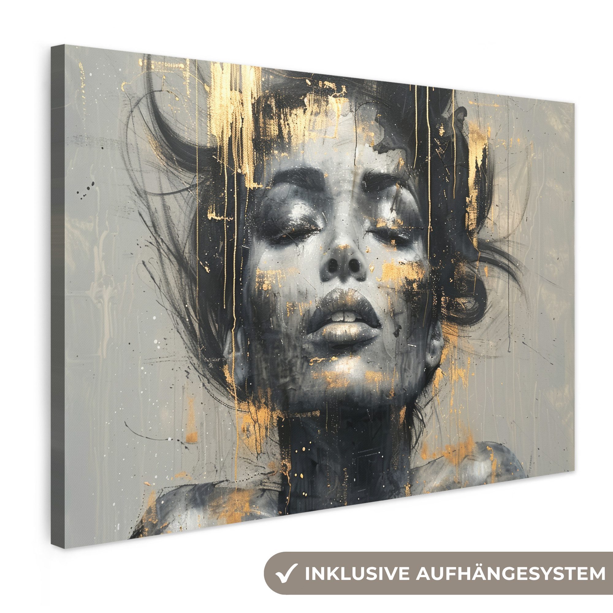 OneMillionCanvasses® Leinwandbild Frau - Kunst - Gold - Abstrakt - Glamour, Fotodruck (1 St), Wandbild XXL für Wohnzimmer Küche 120x80 cm