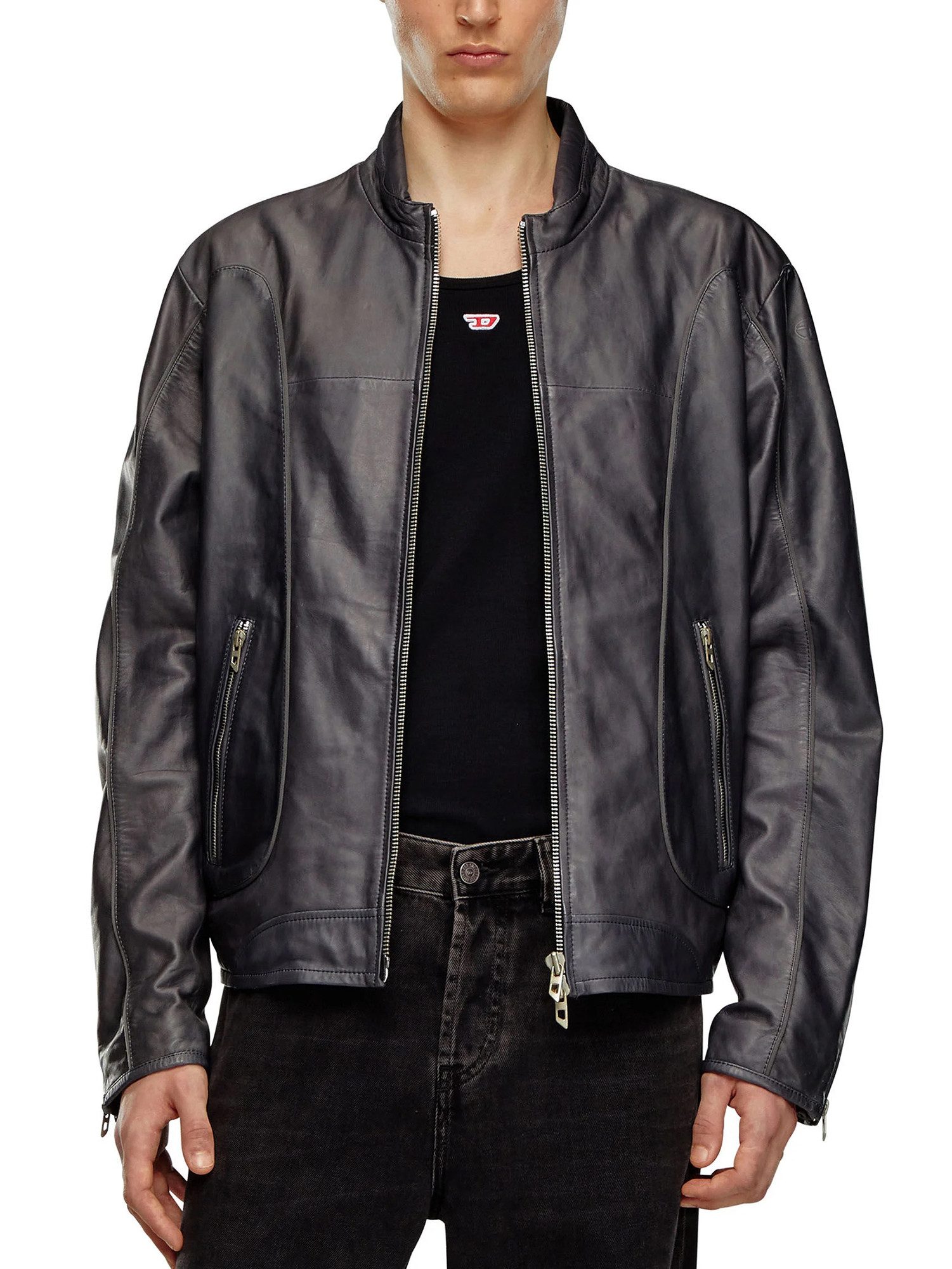 Diesel Lederjacke Bikerjacke aus weichem Lammleder mit Used-Optik - L-KRIX Anthrazit-Schwarz, Regular Fit