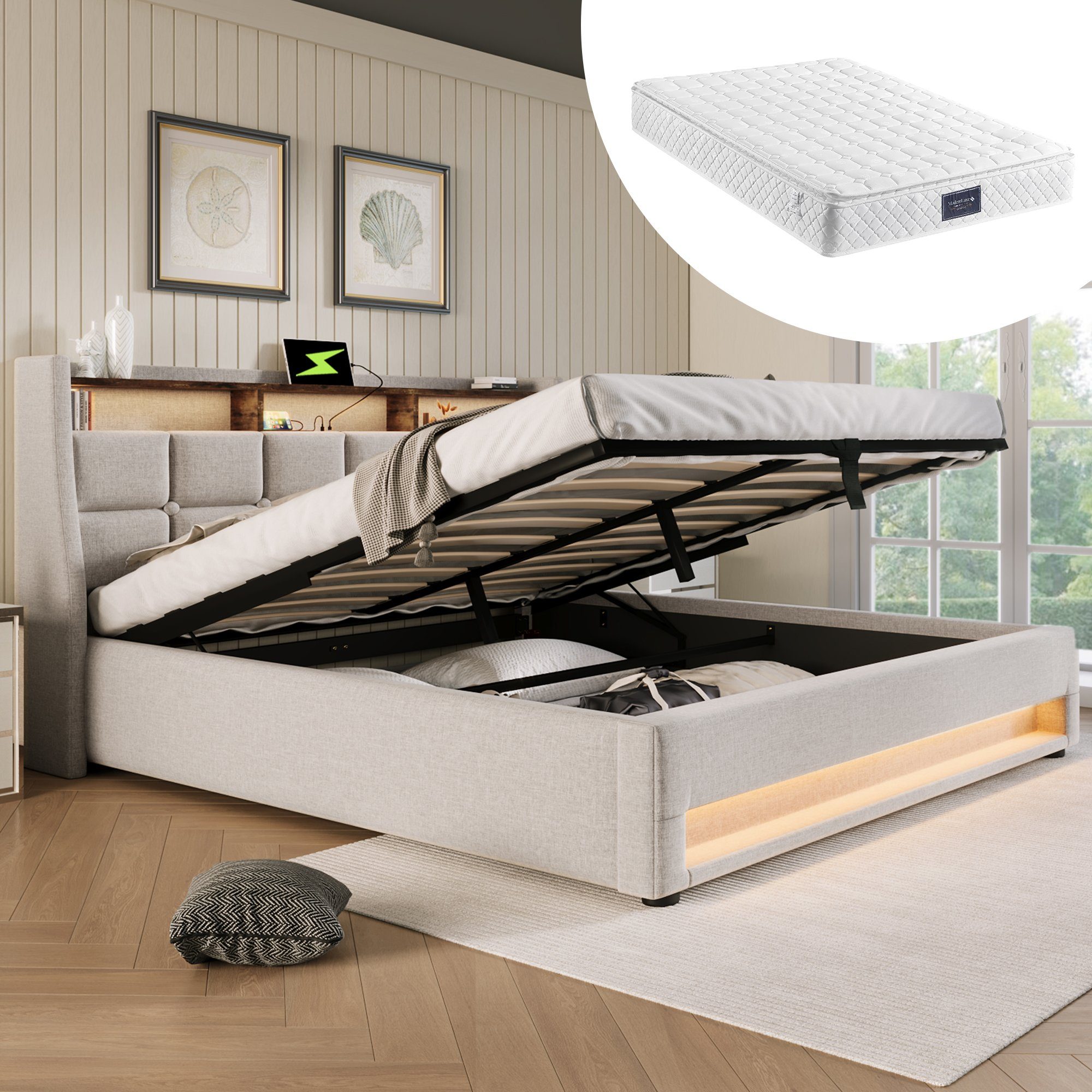 Polsterbett (Funktionsbett, 140x200 cm Hydraulisches Bett mit Lattenrost), Stauraumbett mit LED-Beleuchtung und USB-Anschluss, Baumwolle-Leinen