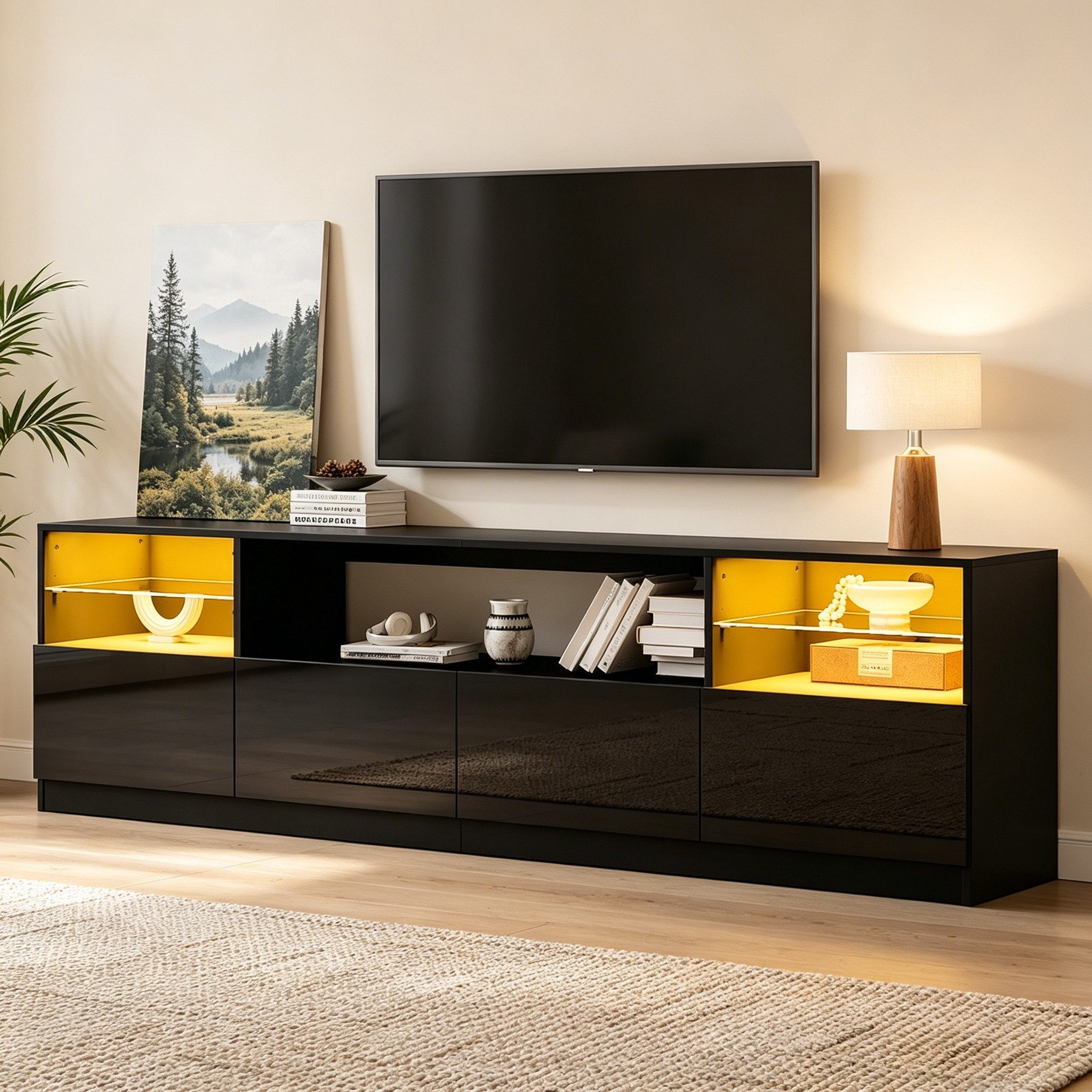 STILVORA Lowboard Hochglanz-TV-Schrank mit LED-Beleuchtung für Fernseher bis zu 75 Zoll (4 Türen, LED-Licht, Flügeltüren, Glasböden, Hochglanz, 180×35×60cm, Spanplatte, gehärtetes Glas, stabil, pflegeleicht), für Wohnzimmer, Esszimmer und moderne Entertainment-Bereiche