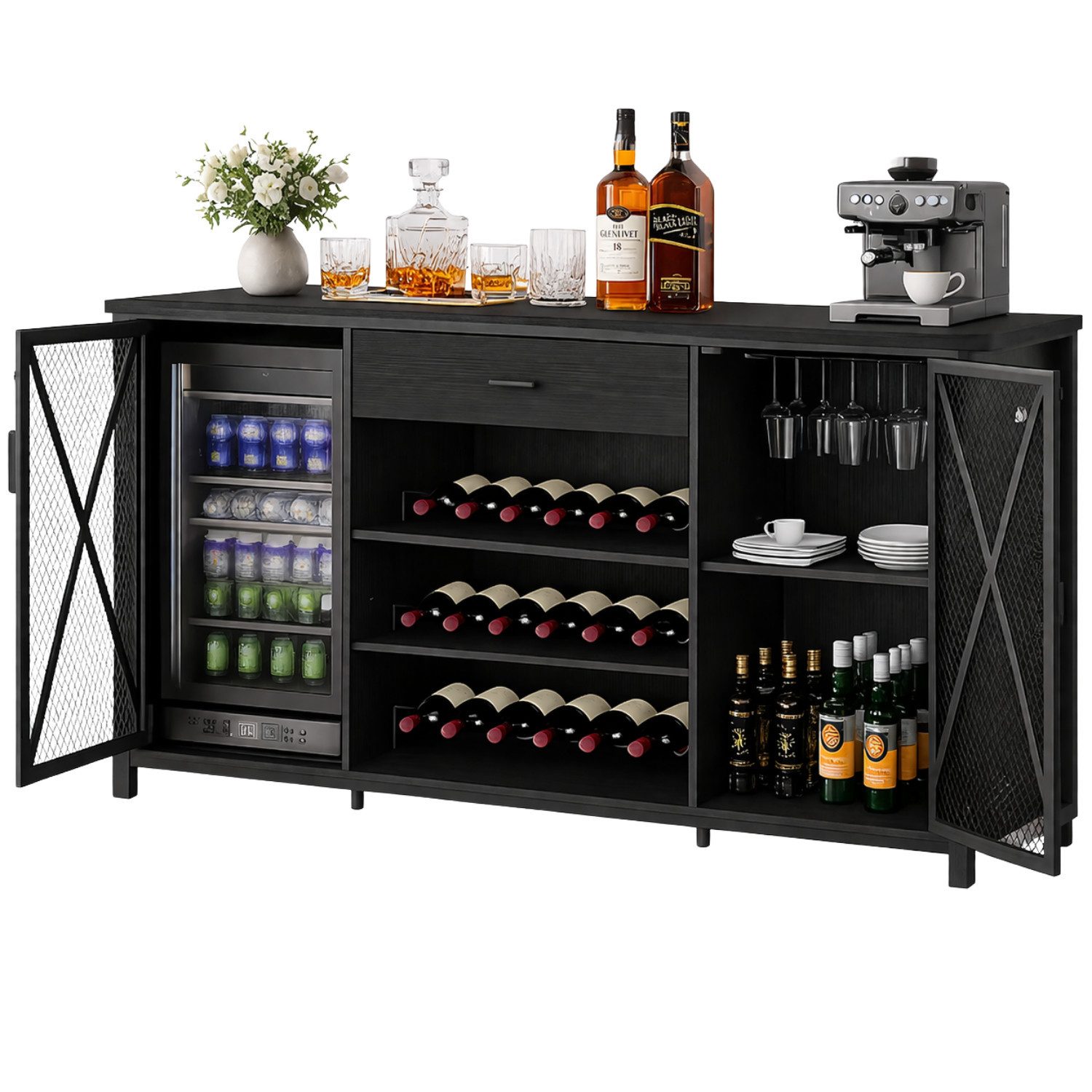 mukuhi Barschrank Weinregal Stauraum Holz Metall Industrial 180cm Weinregal integriert, Gläserhalter