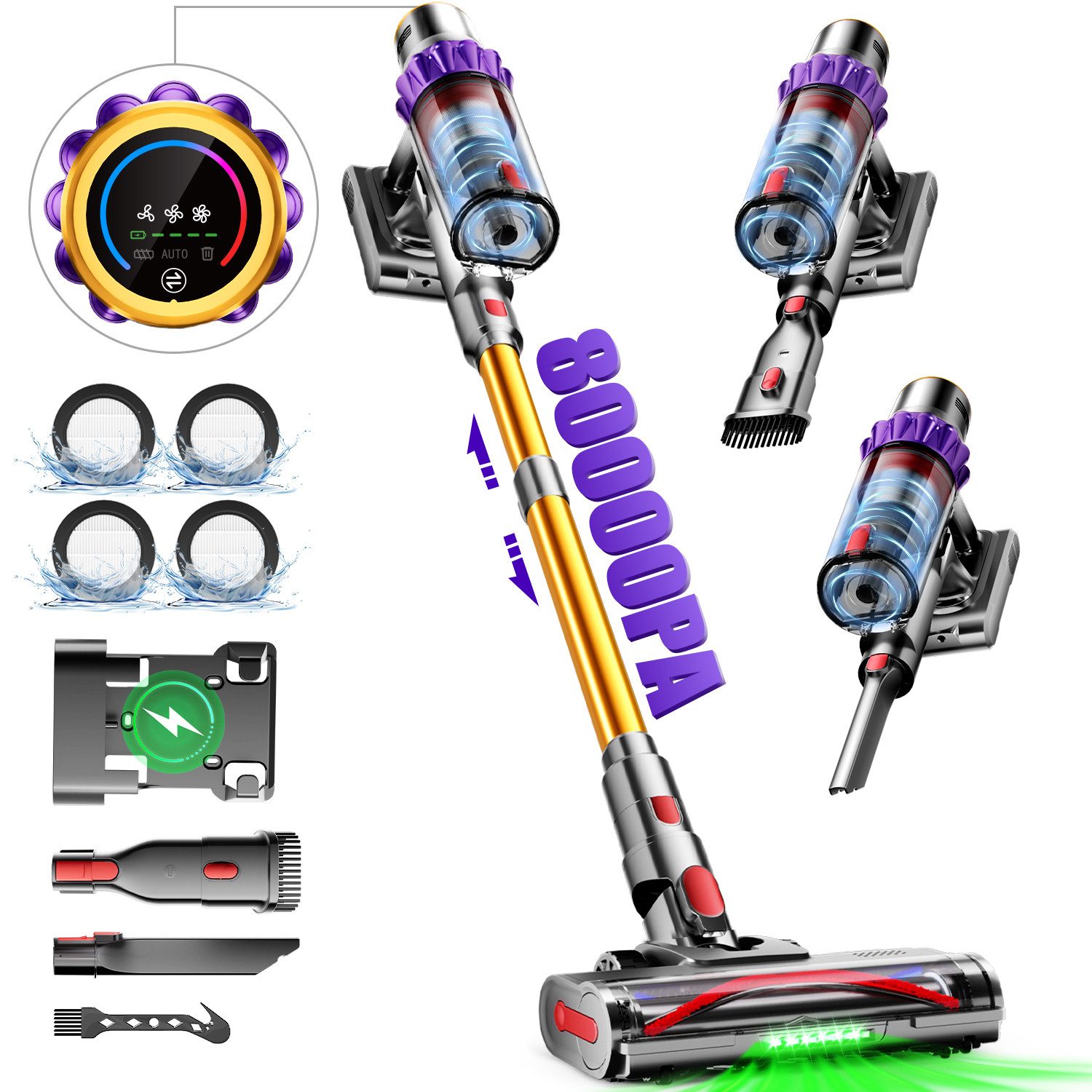 Adormii Akku-Hand-und Stielstaubsauger Akku Staubsauger 80000pa, Staubsauger Kabellos, 70Min/1,8L, beutellos, Smart LED-Display, grünem Licht, für Teppich, Hartböden, Tierhaare