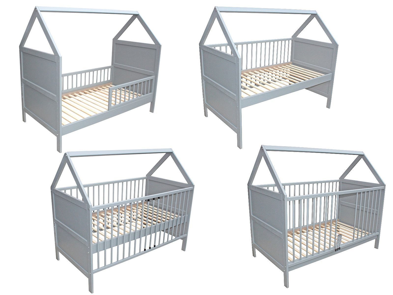 Kinderbett Babybett Kinderbett Beistellbett Haus 140x70 cm grau 0 bis 6 Jahre