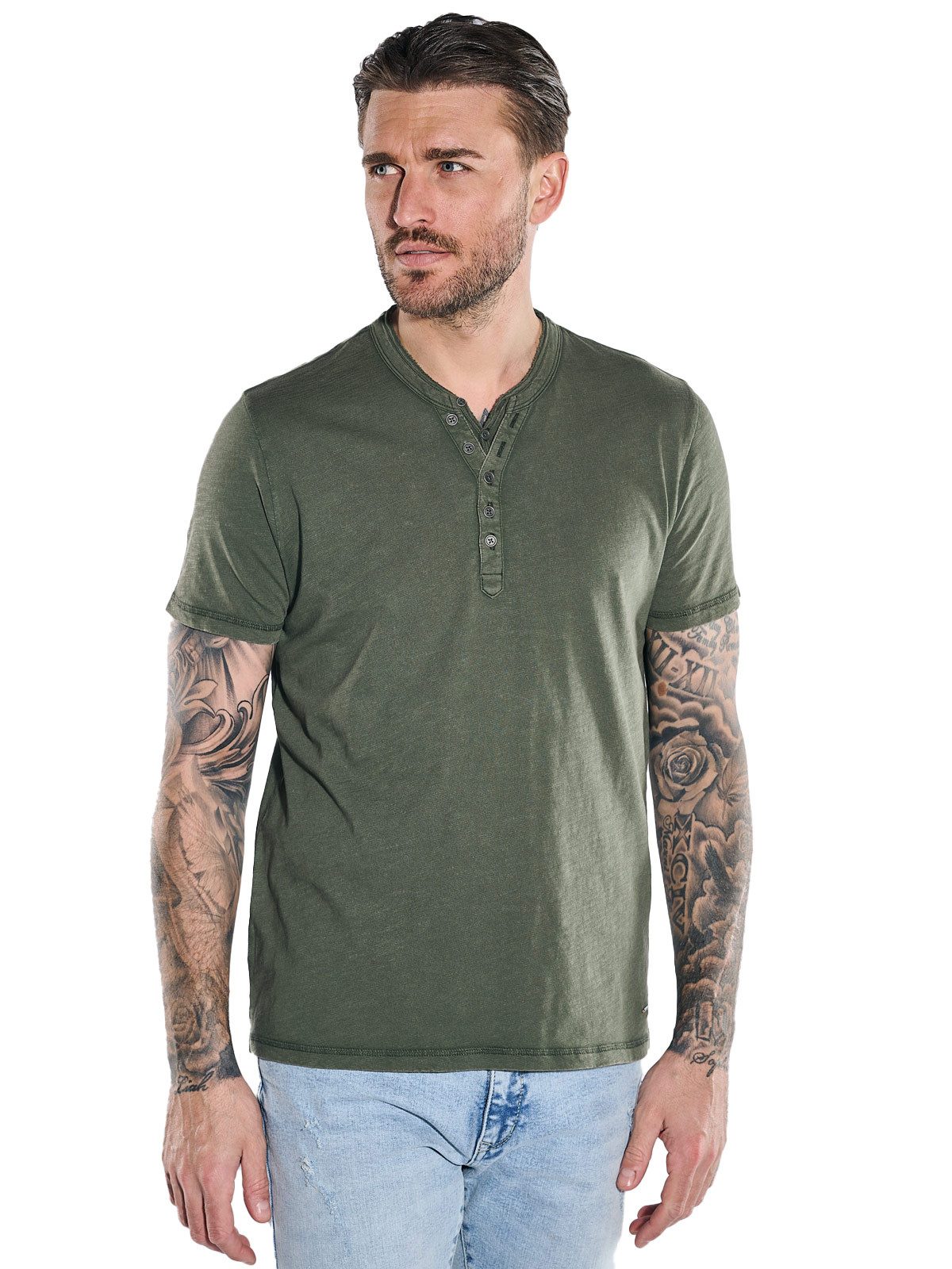 emilio adani T-Shirt Herren Henley-Shirt uni, Oliv