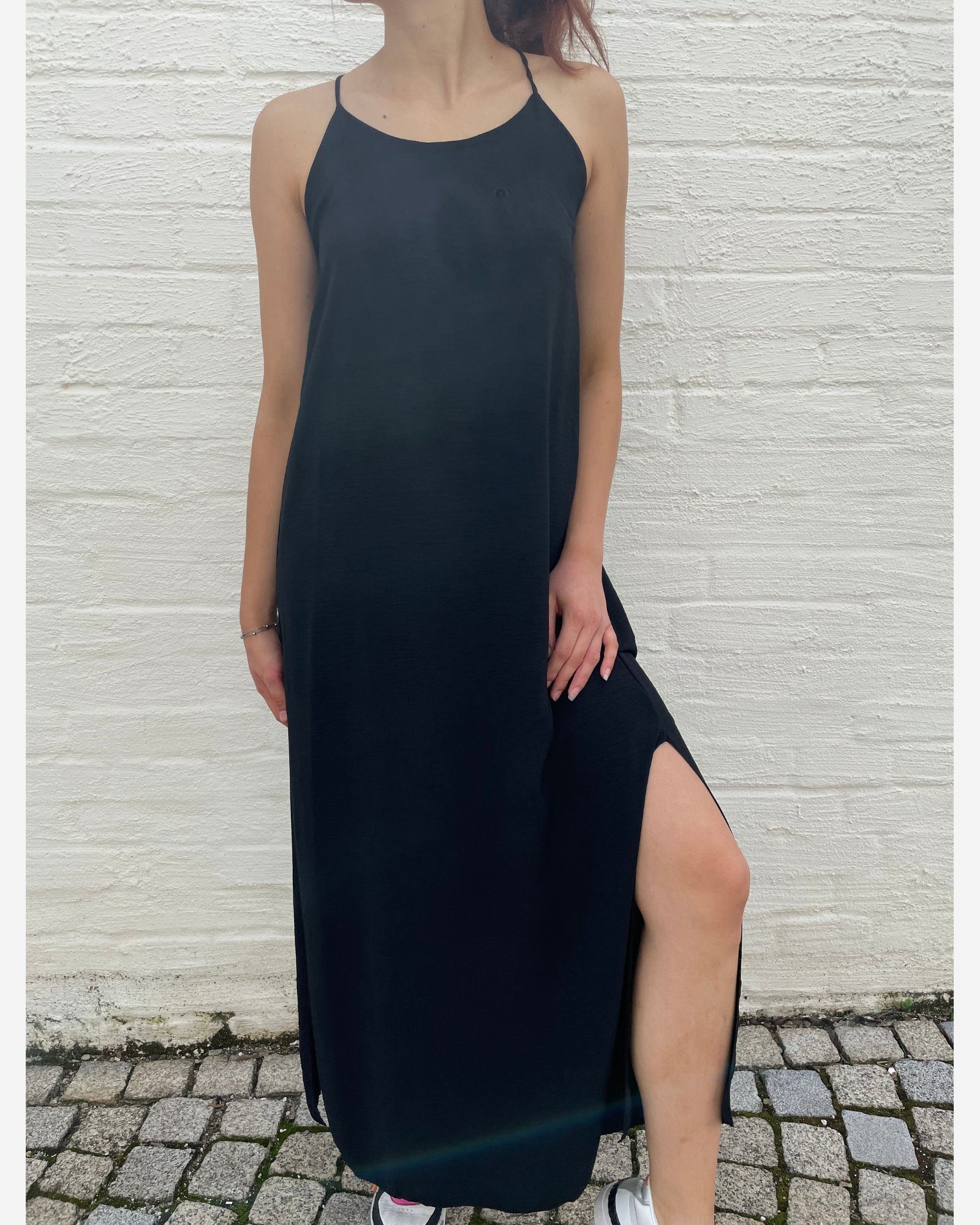 - - - VIBES Sommerkleid Gr. elegantes langes Schlitz schwarz SIZE ONE mit MONA XL hier Midikleid ITALY Kleid XS passt -