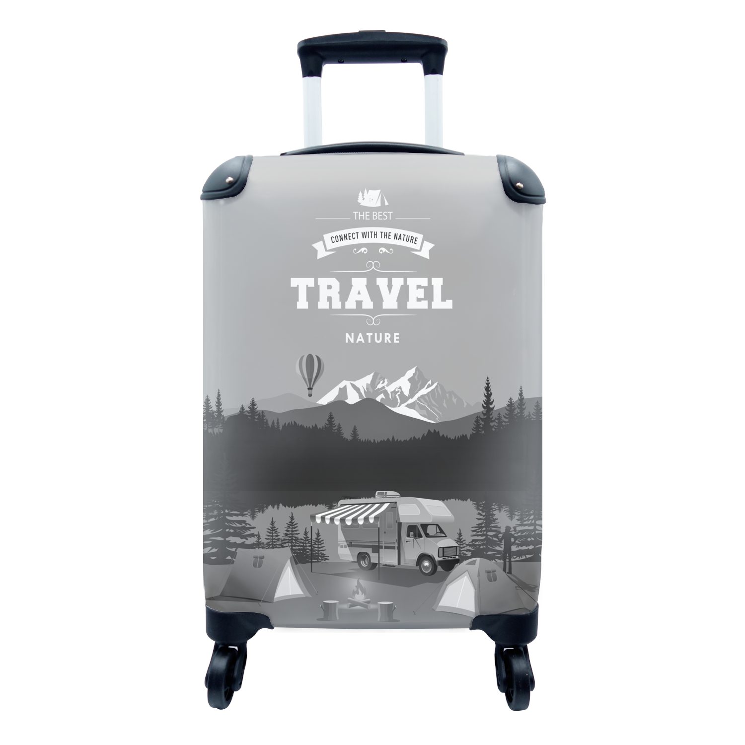 MuchoWow Handgepäckkoffer Illustration eines Reisekoffer für an Handgepäck Rollen, Reisetasche Ferien, mit weiß, einem Trolley, Wohnmobils - rollen, und 4 See schwarz