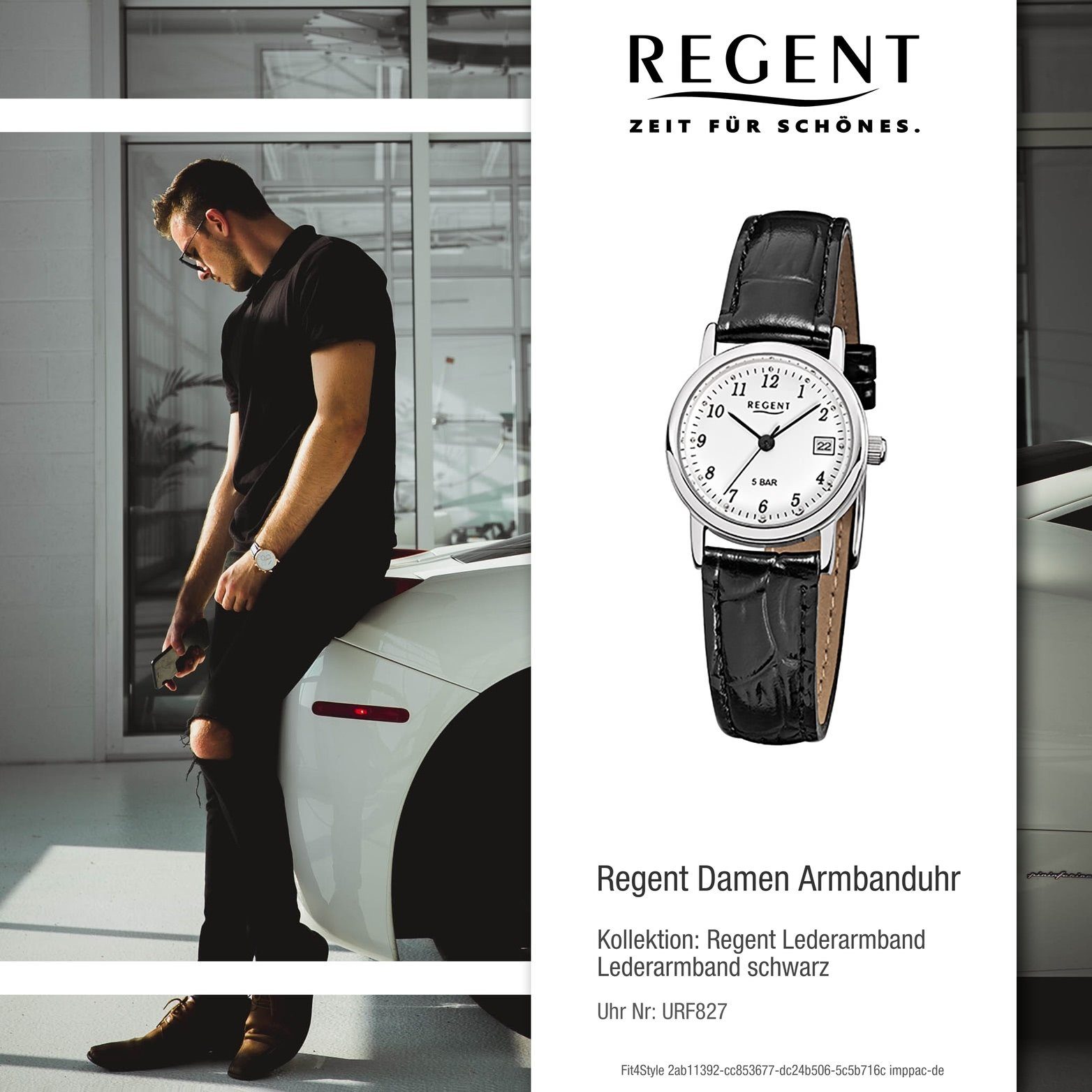 Regent Quarzuhr Regent schwarz, Gehäuse, Lederarmband (ca. Damen klein Uhr F-827 Damenuhr Quarzuhr, Leder 25mm) rundes