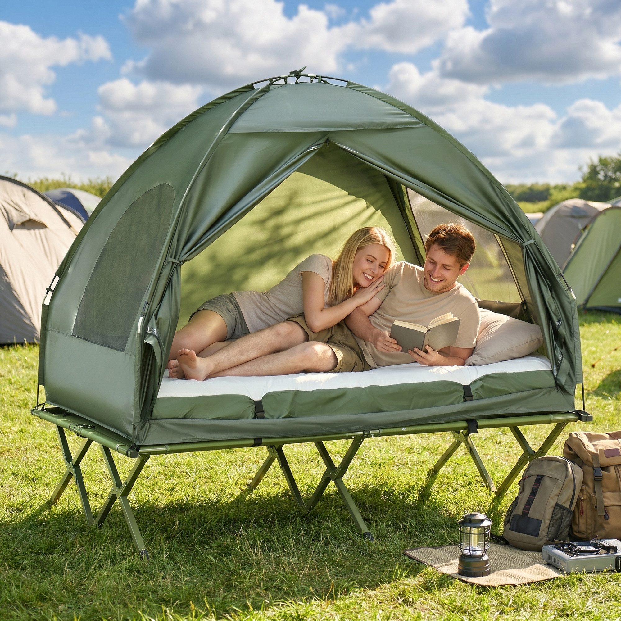 Outsunny Faltzelt Campingzelt-Set mit Feldbett, Personen: 2 (Kuppelzelt, 1 tlg., Campingbett), für Garten, Balkon, Grün