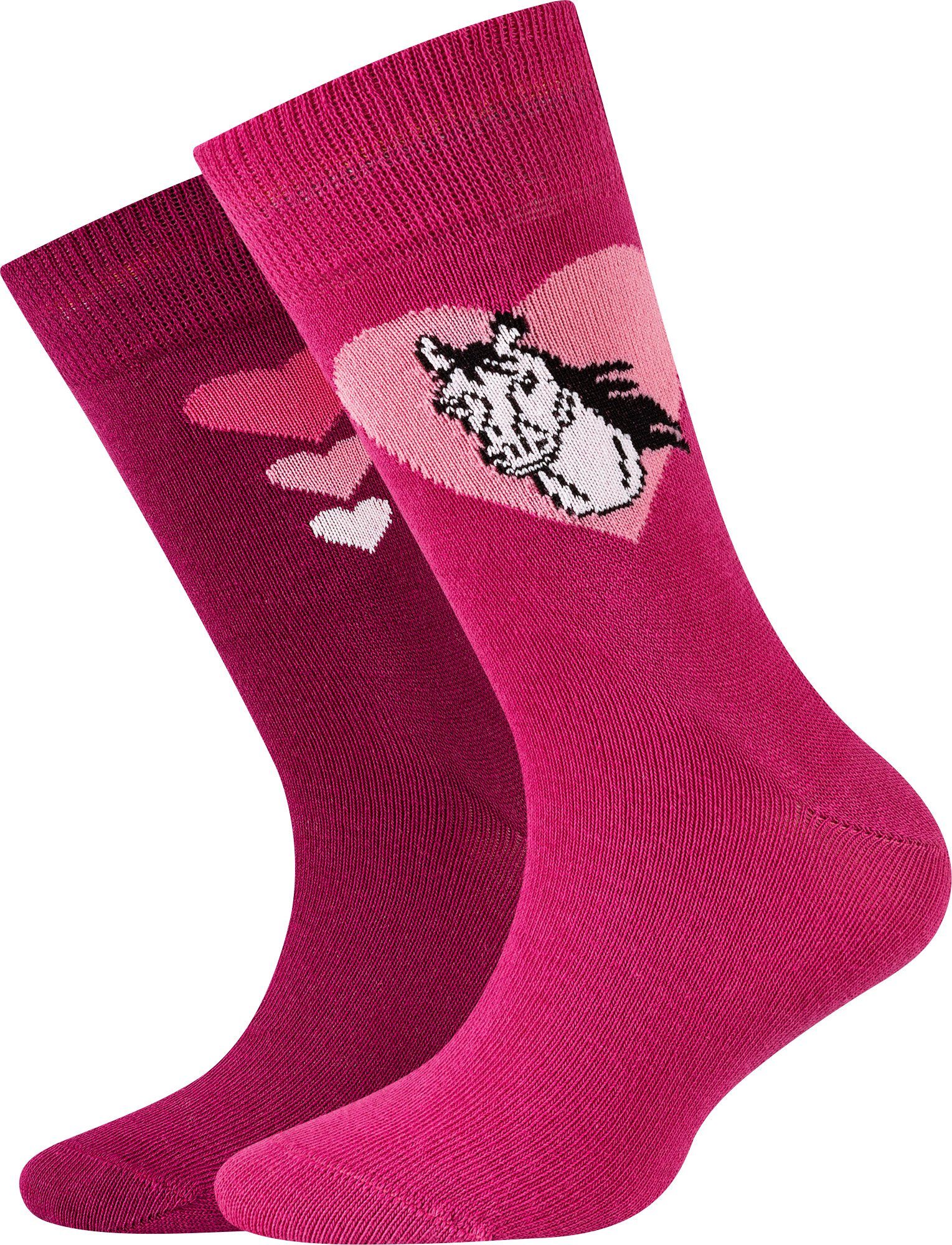 Camano Socken Kinder-Socken 2 Paar Motiv: Pferd, Herzen pink/beere