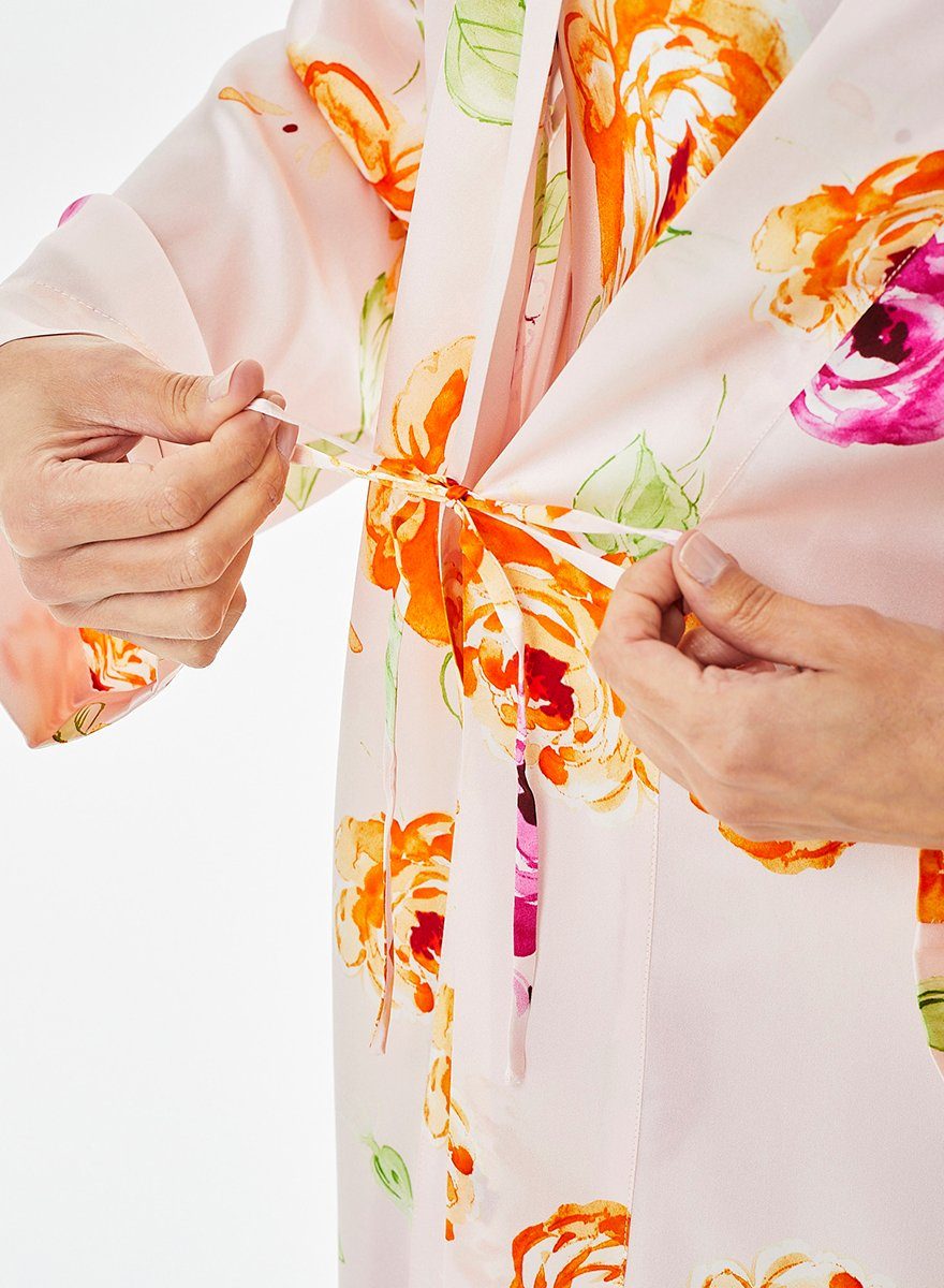 Jadee Morgenmantel Daybreak, Roses Pink Seide, Bindegürtel Kimono-Kragen