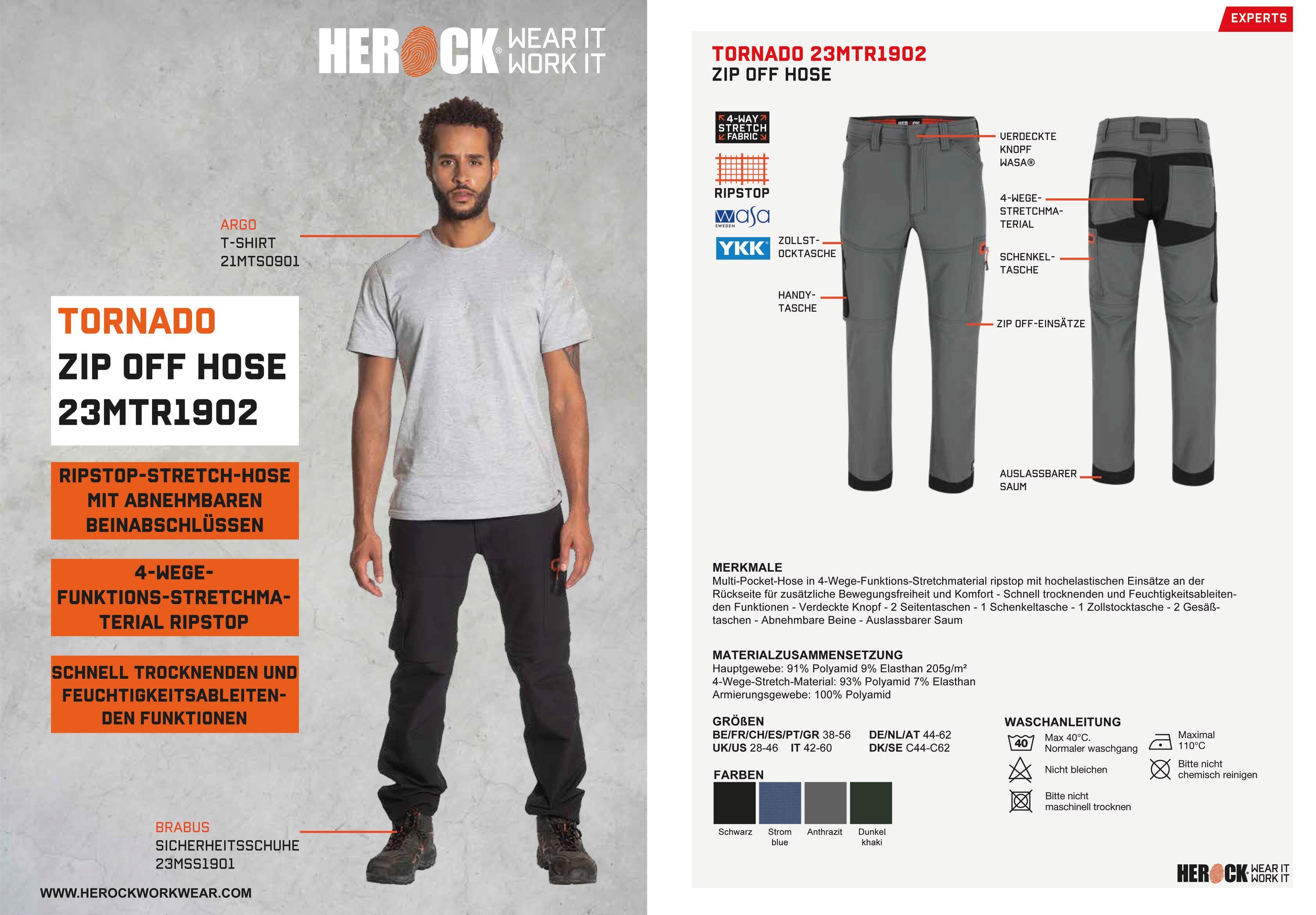 und kohle Zip in Off 4-Wege-Funktions-Stretch, einem Hose Arbeitshose Herock Bermuda Tornado in Multi-Pocket