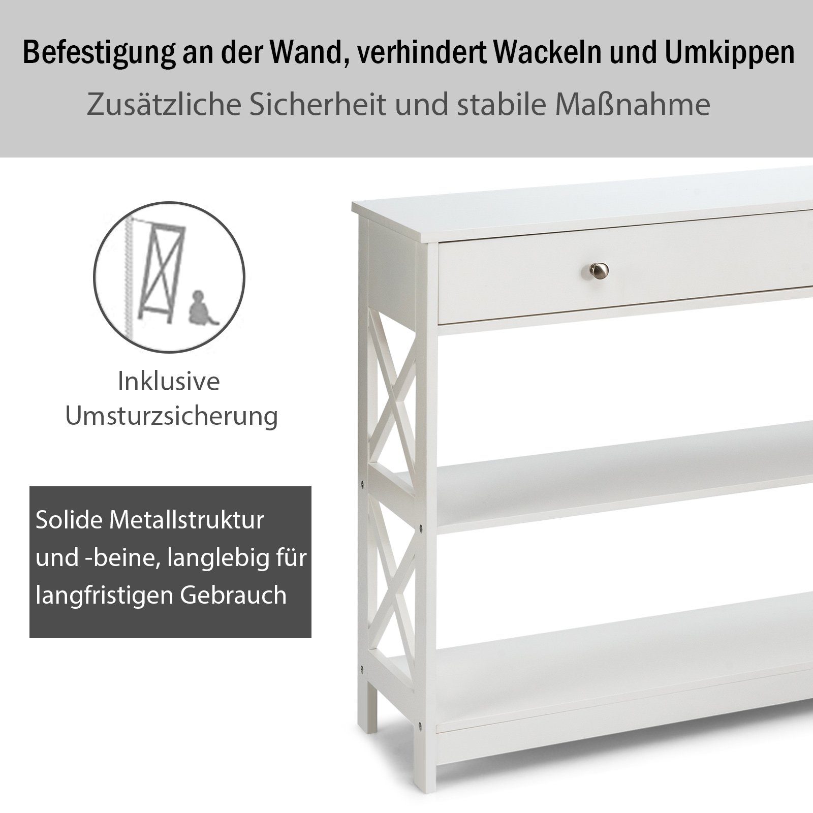COSTWAY Konsolentisch, schmal, mit Schublade weiß Regal, 3 & Holz, Ebenen, 100cm