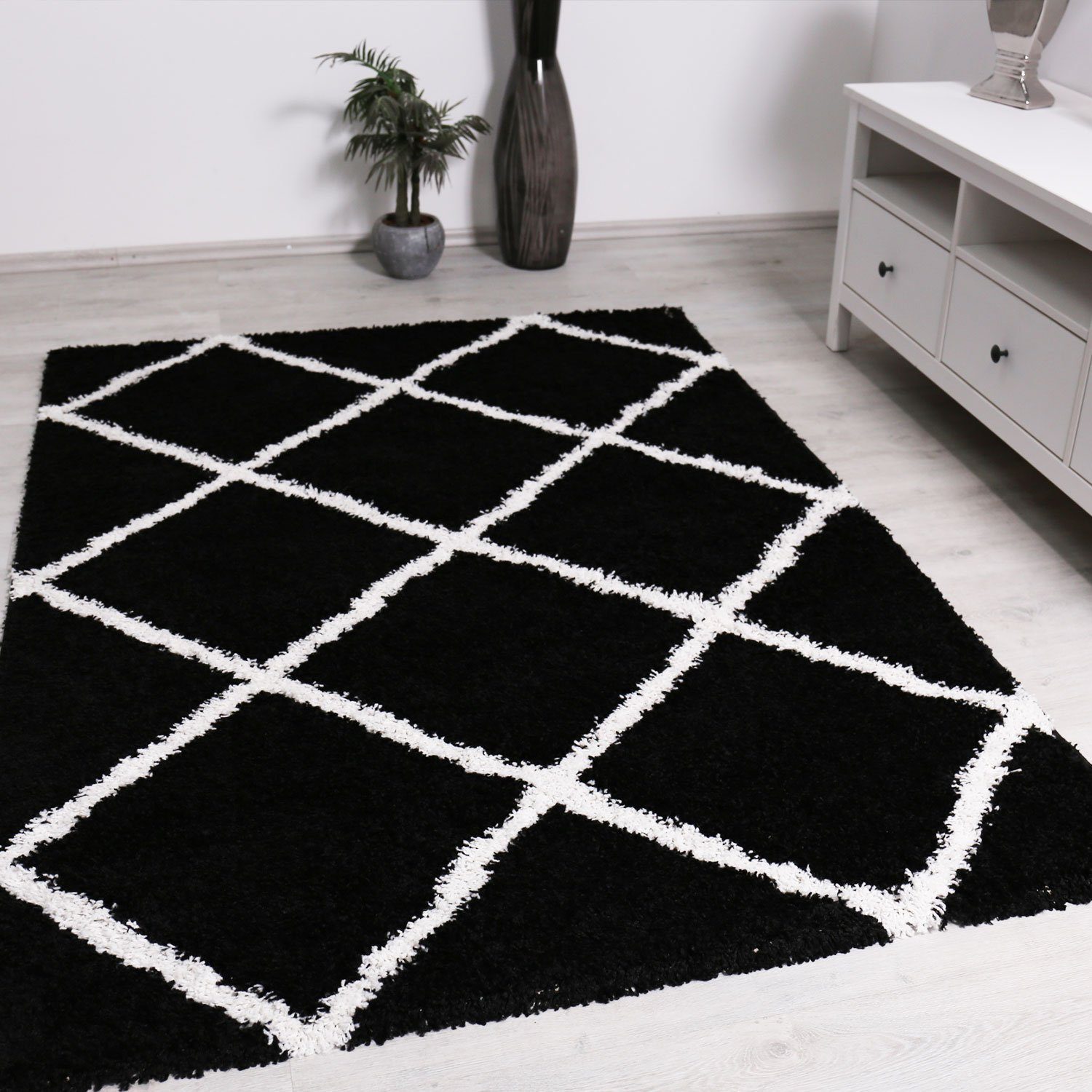 Vimoda Hochflor-Läufer Shaggy Wohnzimmer Rautenmuster Weiss, günstig online kaufen