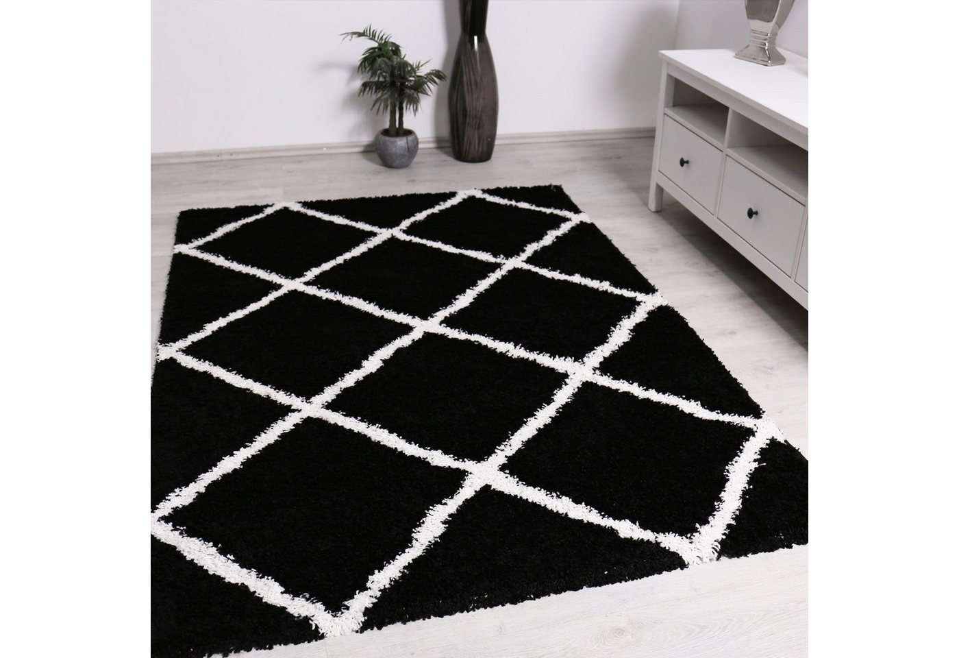 Vimoda Hochflor-Läufer Shaggy Wohnzimmer Rautenmuster Weiss, Rechteckig, Höhe: 30 mm, Langflor, Rauten muster, Skandi Design in Creme