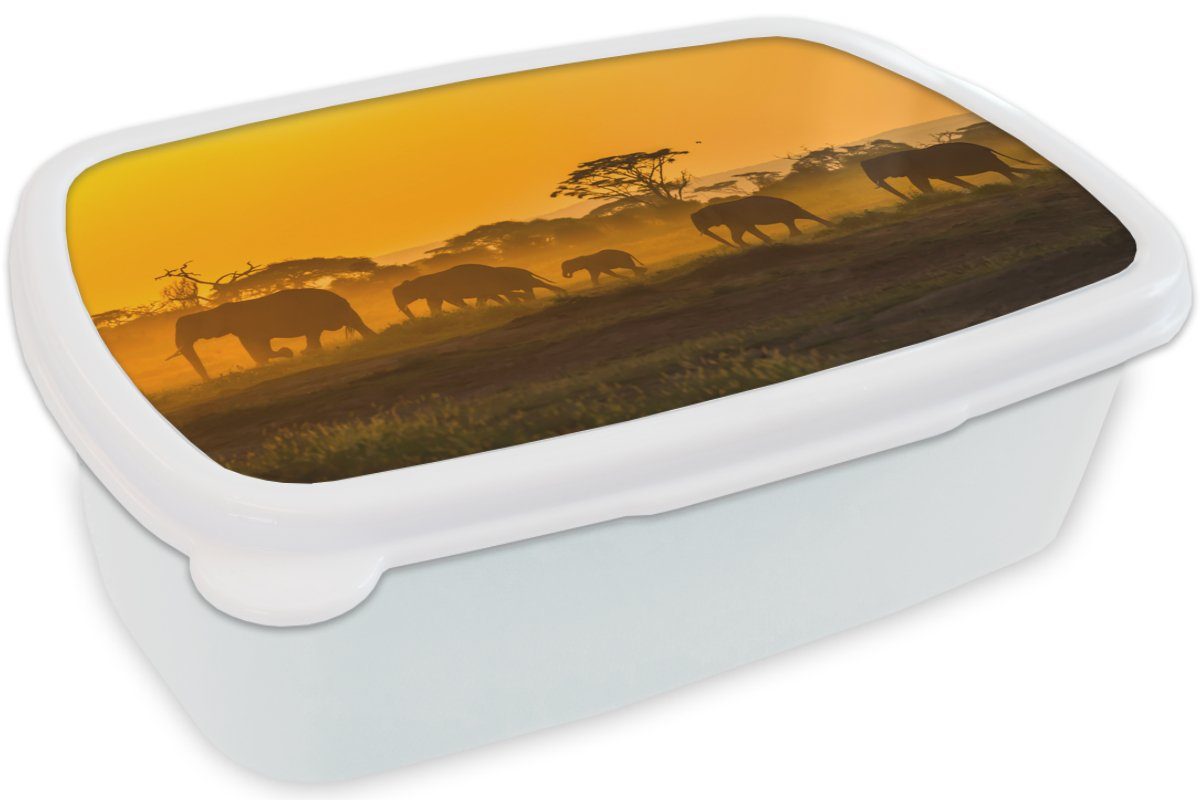 MuchoWow für Brotdose, Jungs Sonnenaufgang, für und bei Mädchen Kunststoff, (2-tlg), Kinder weiß und Elefantenherde Brotbox Lunchbox Erwachsene,