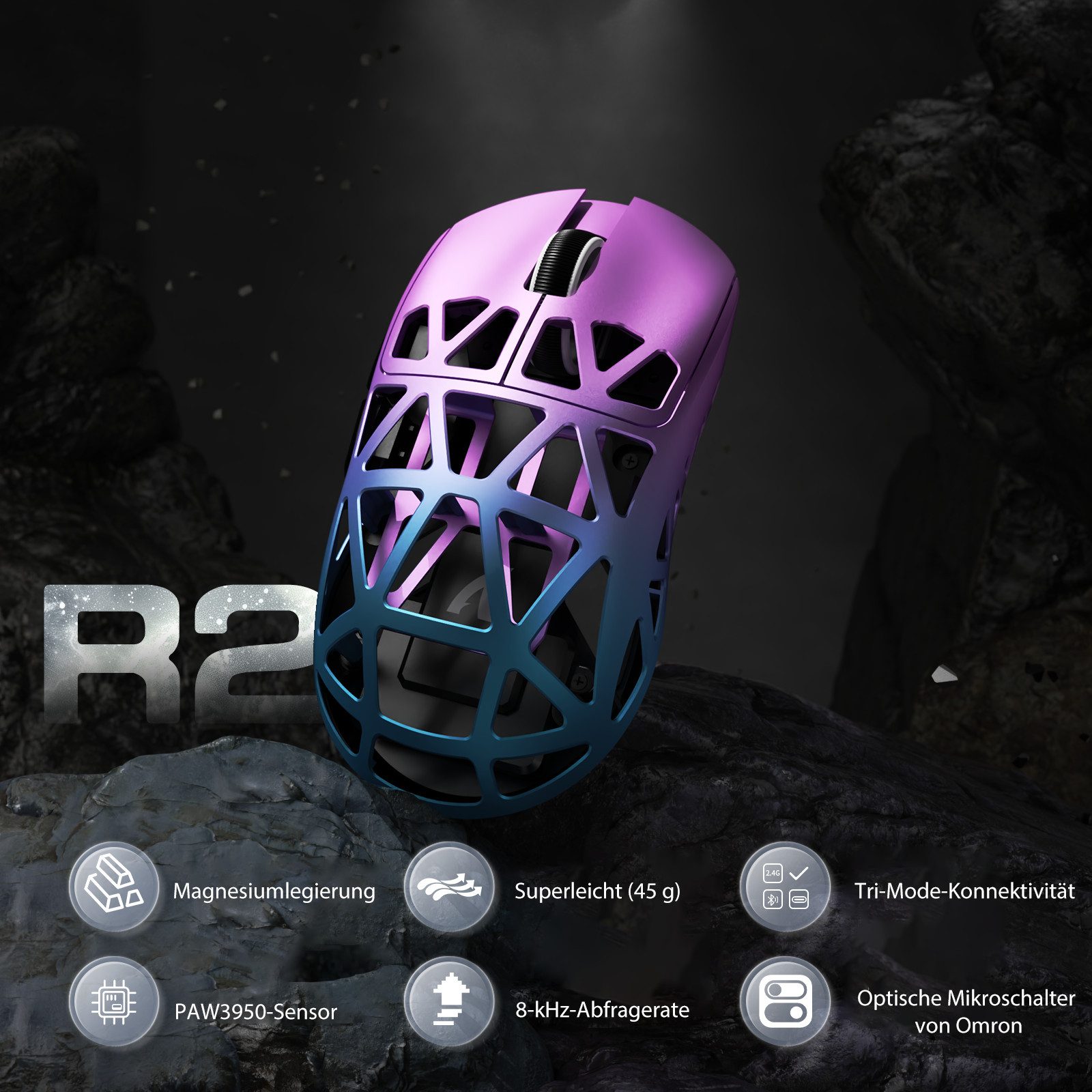 ATTACK SHARK R2 Kabellose Gaming-Maus aus Magnesiumlegierung, 8KHz, 48g Gaming-Maus (2.4G, Bluetooh, USB-C, PixArt PAW3950-Sensor,48g,8000hz,Magnesiumlegierung)