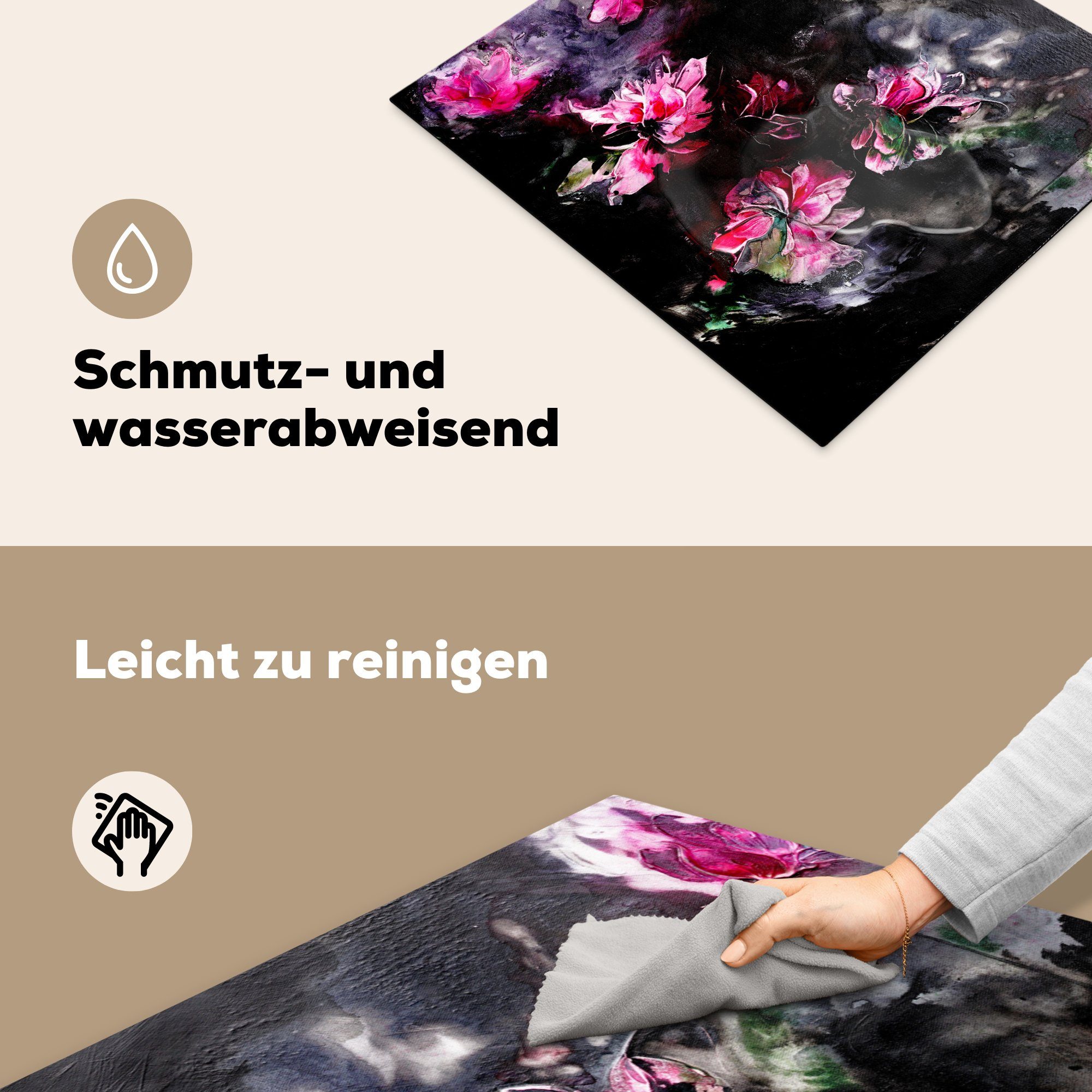 MuchoWow Herdblende-/Abdeckplatte - Mobile Kunst Schwarz, Blumen nutzbar, - - (1 Vinyl, - Rosa tlg), Ceranfeldabdeckung Arbeitsfläche cm, 60x52 Farbe