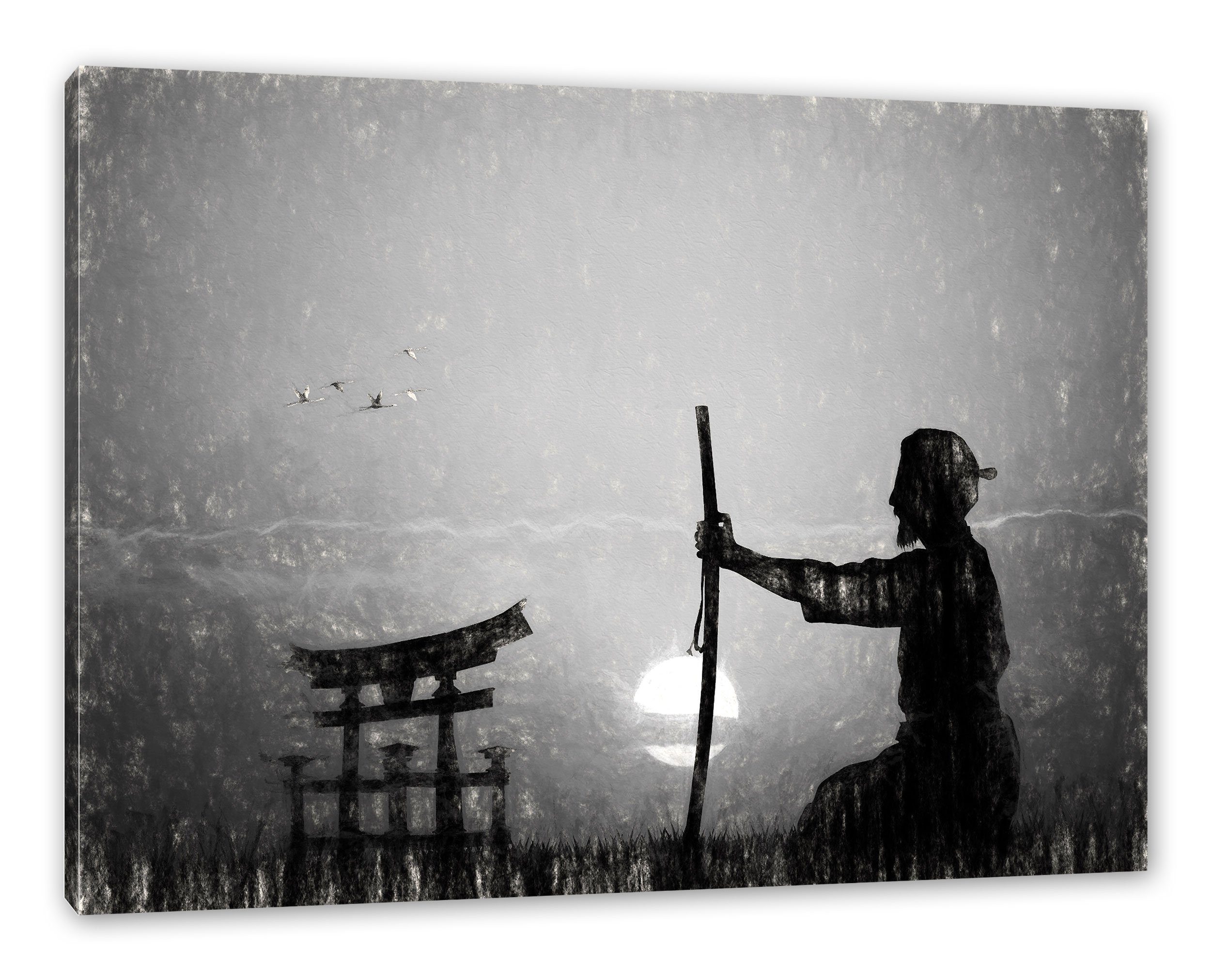 Pixxprint Leinwandbild Samurai-Meister Horizont (1 inkl. St), vor vor Samurai-Meister Leinwandbild bespannt, Zackenaufhänger Horizont, fertig