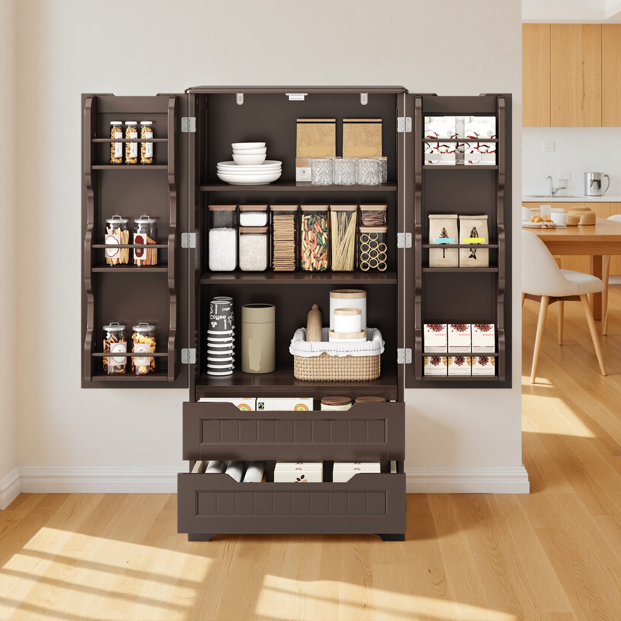 Bealife Sideboard hoher Küchenschrank mit 2 Schubladen und 2 Türen, Vorratschrank, Weiß – Bild 4 von 5
