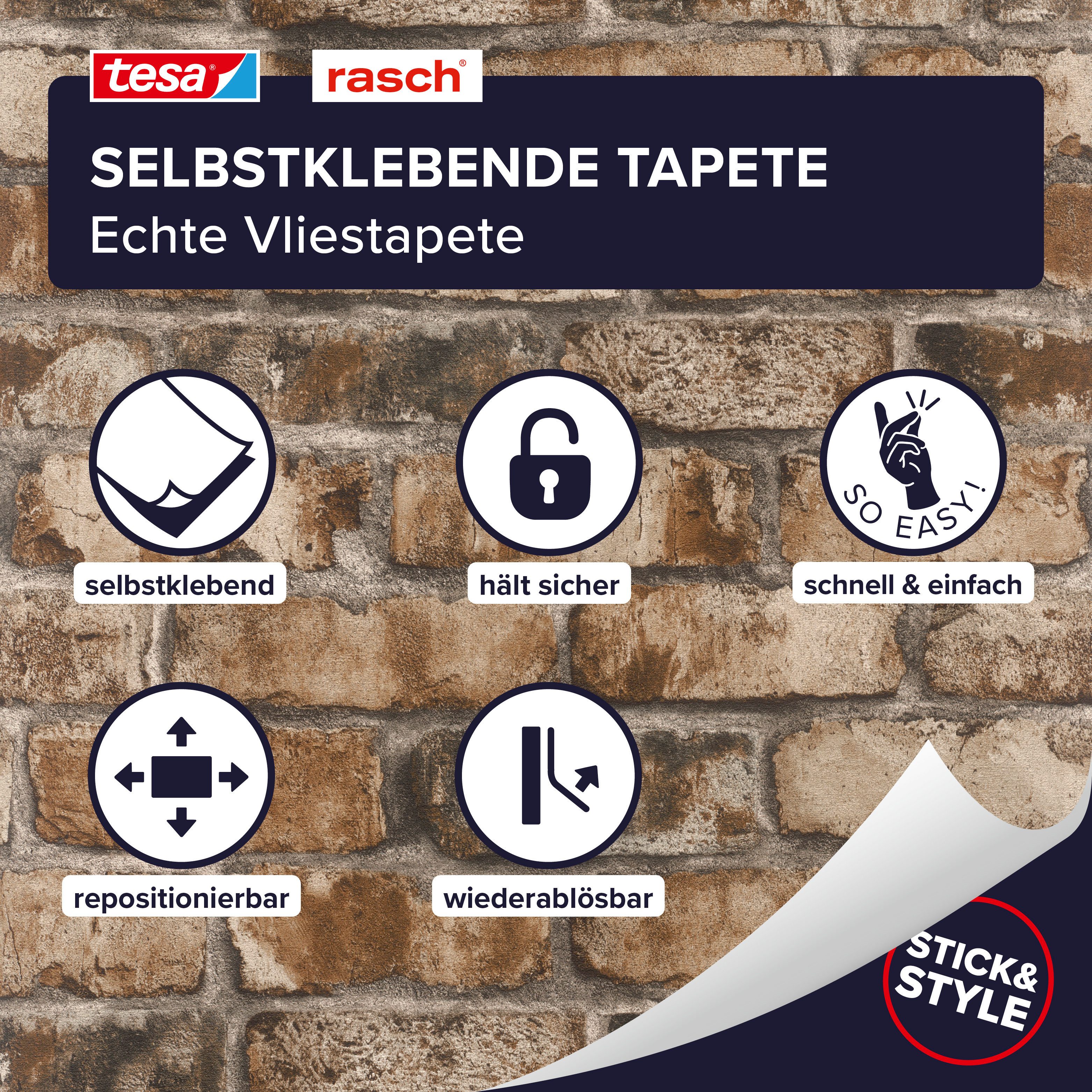 Rasch Vliestapete Clayton - Selbstklebende Tapete Mauer von tesa® x rasch®, strukturiert, Steinoptik, Ziegel, Steinmauer, Mauerwerk, (1 St), selbstklebend, 6,00m x 0,53m