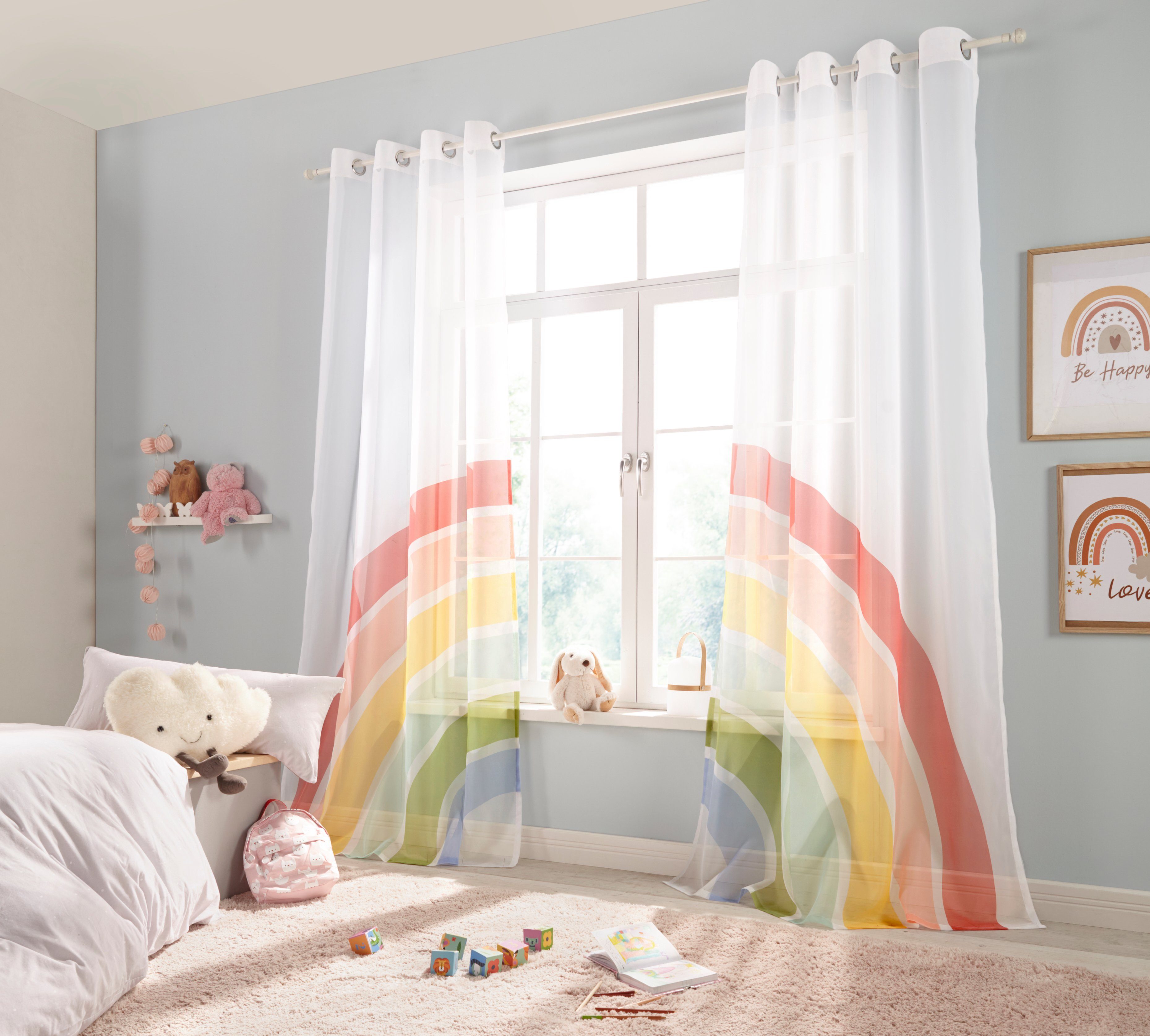 Gardine Regenbogen, Lüttenhütt, Ösen (2 St), transparent, Voile, Kindergardine, bedruckt, gewebt, 2-er Set