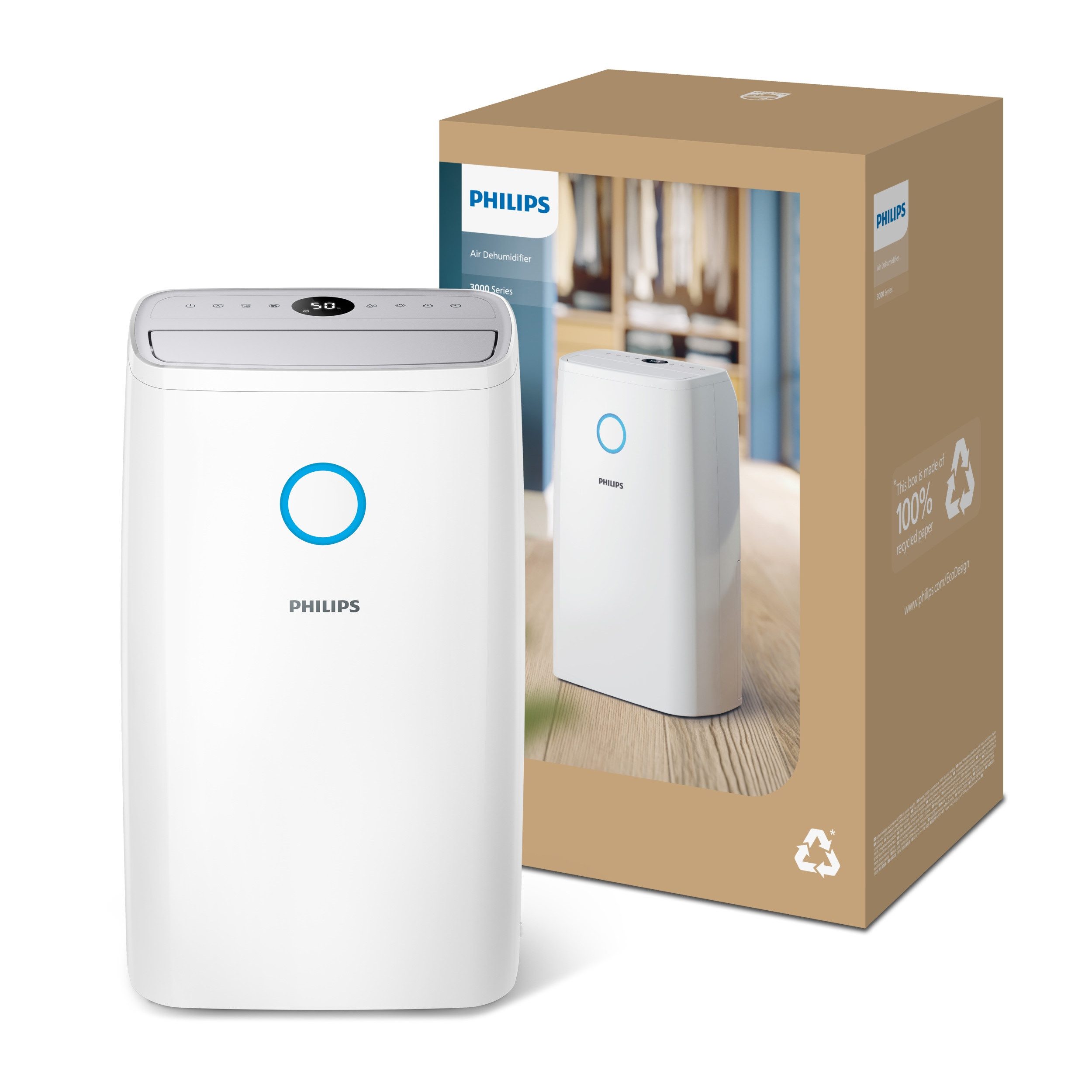 Philips Luftentfeuchter DE3306/11 3000 Series, mit Wäschetrockner-Modus, für 150 m³ Räume, Entfeuchtung 34,3 l/Tag, Tank 4 l, 360-Grad-Mobilität u. Aromatherapie-Zusatzoption