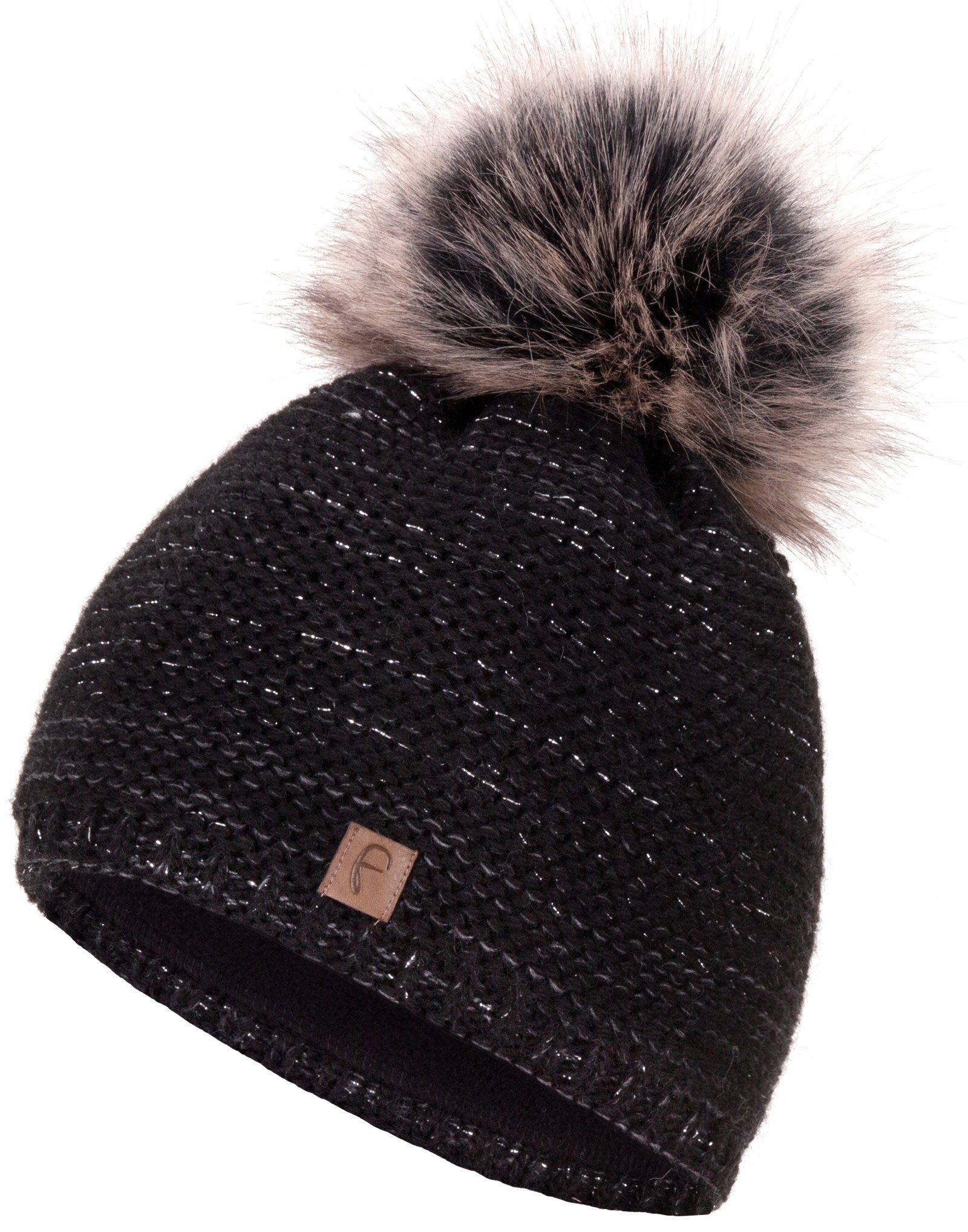 Wintermütze Haube Bommelmütze Strickmütze Bommelmütze Mütze Beanie schwarz Faera gefüttert Damen