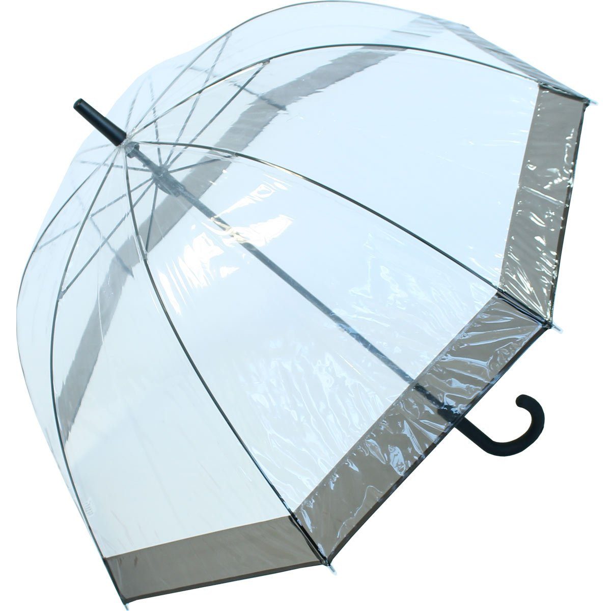 HAPPY RAIN Stockregenschirm Glockenschirm durchsichtig transparent mit Borte, durchsichtig
