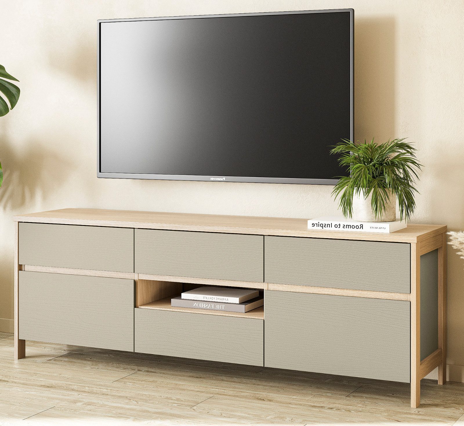 Furn.Design Lowboard Finnes (TV Unterschrank in Salbei mit Skandi Eiche, 164 x 58 cm), mit Soft-Close-Funktion