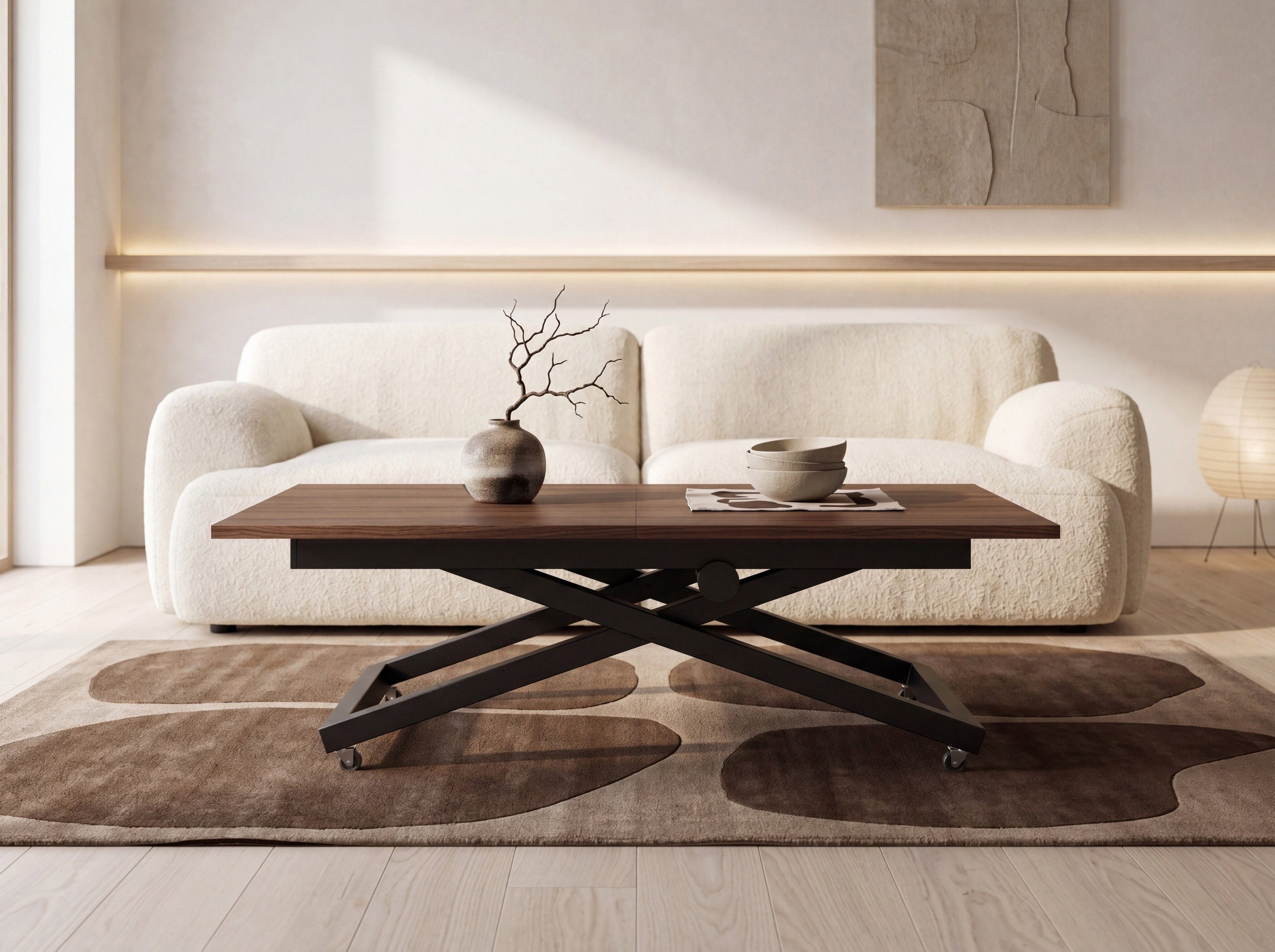 WFL GROUP Couchtisch Axen Ausziehbarer Höhenverstellbarer Couchtisch mit X-Metallgestell (MADE IN EU, 120 x 80 cm ausziehbar auf 160 cm, höhenverstellbar von 38 bis 75 cm), Multifunktional Rechteckiger Wohnzimmertisch mit Rollen