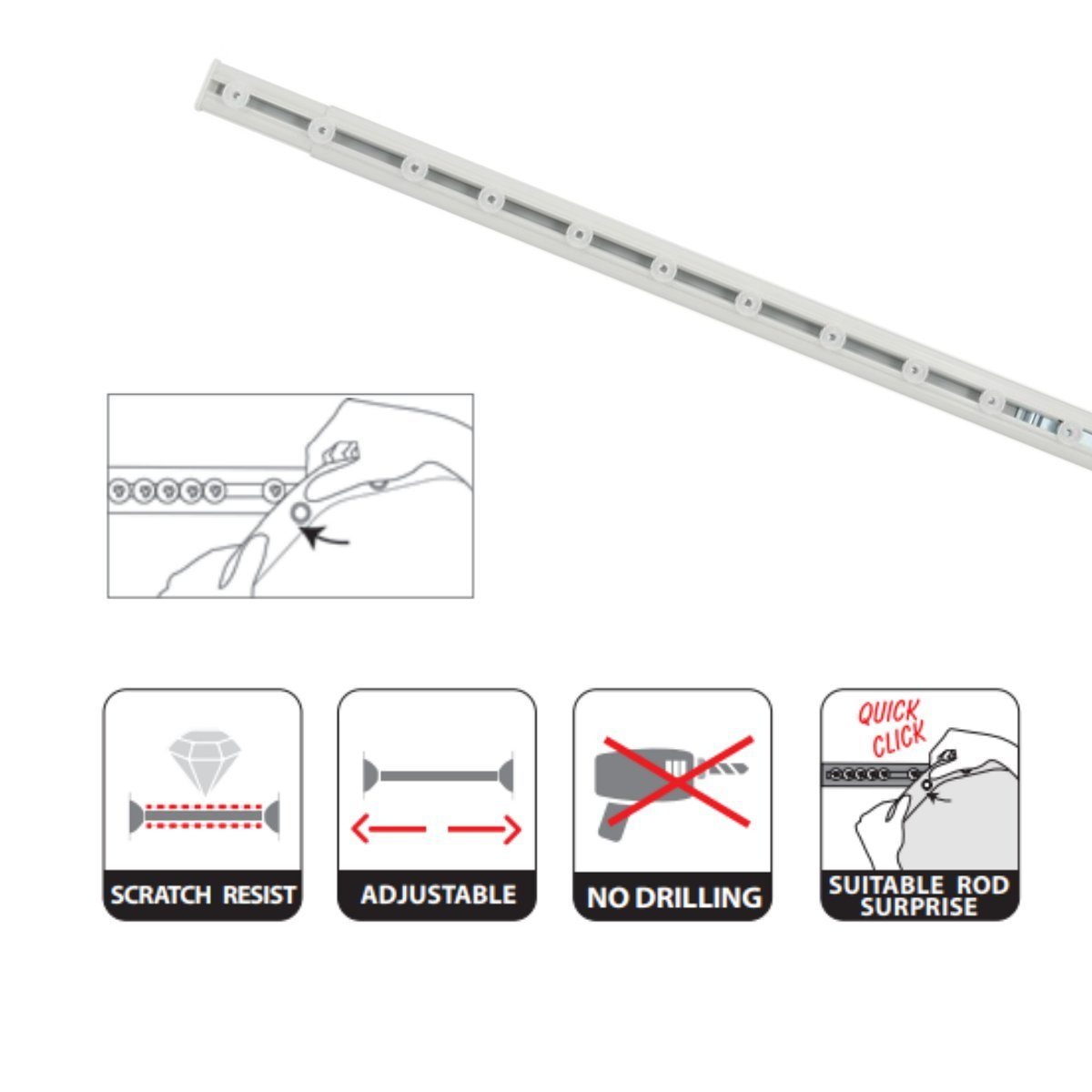 spirella Duschvorhangstange SURPRISE, Ø 17 mm, 1-läufig, stufenlos ausziehbar, Einspannen ohne Bohren, geklemmt, Aluminium veredelt, Duschvorhangschiene zum Einspannen, ohne Bohren, stufenlos verstellbar, inkl. 12 Stk. integrierte Gleiter Quick Click System, Aluminium veredelt, kratzfest, weiß, Verstellbereich 75-125 cm, Made in Europe